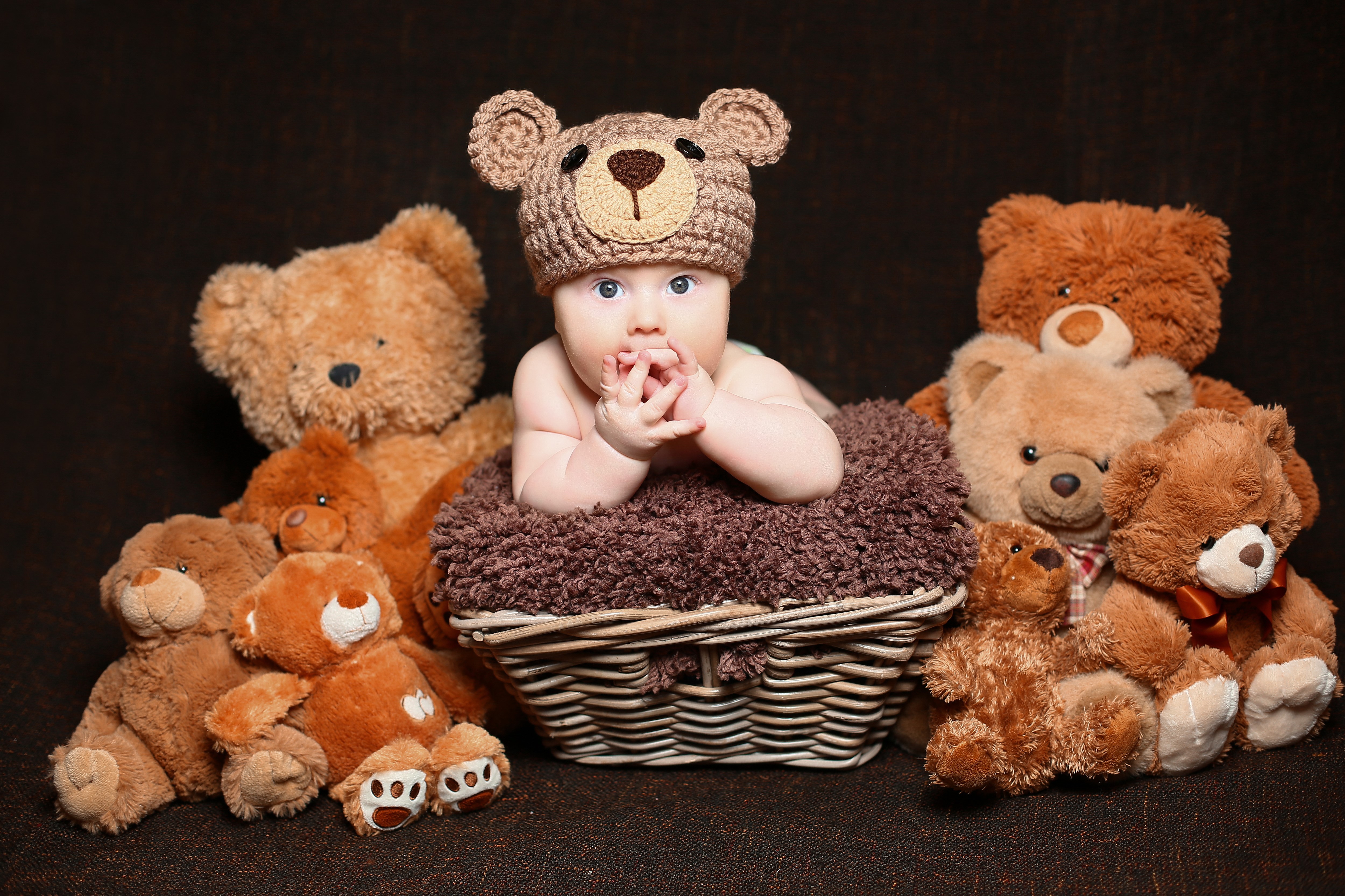 Baby in Teddy Bear Hat with Teddy Bears HD Wallpaper