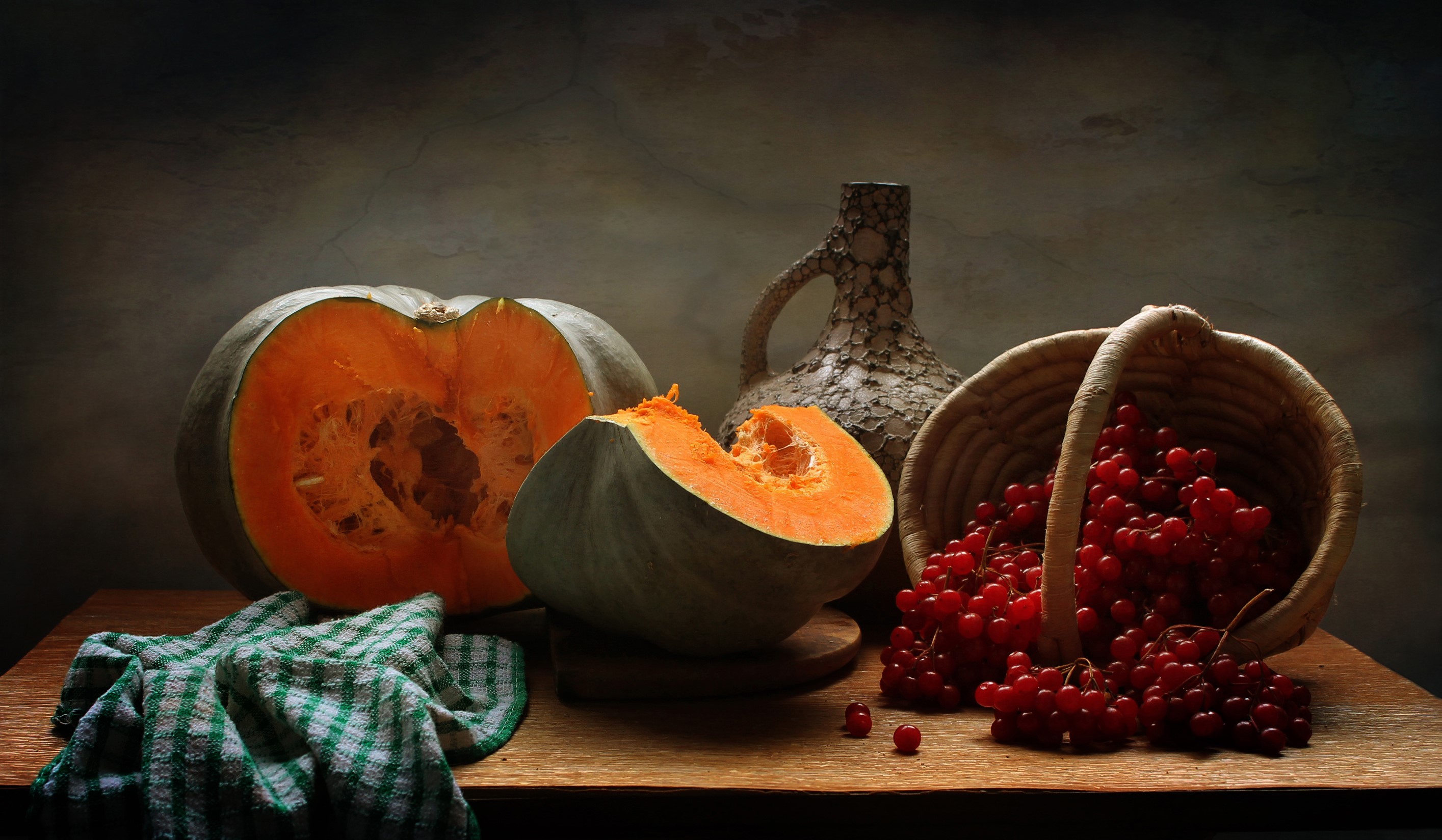 Still-life with pumpkin, berries, and a vase HD Wallpaper