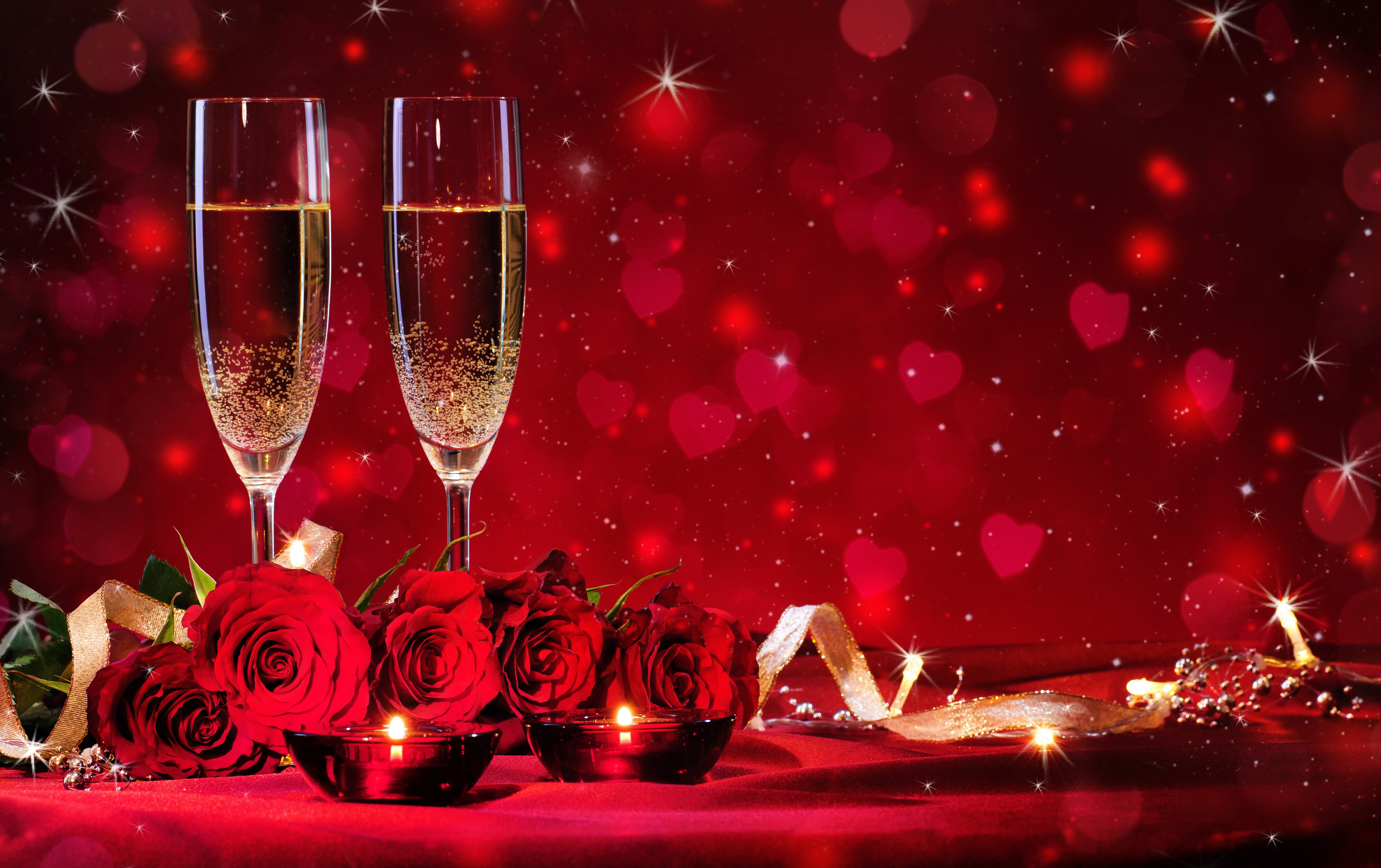 Champagne, Roses, and Candles for Valentine's Day HD Wallpaper