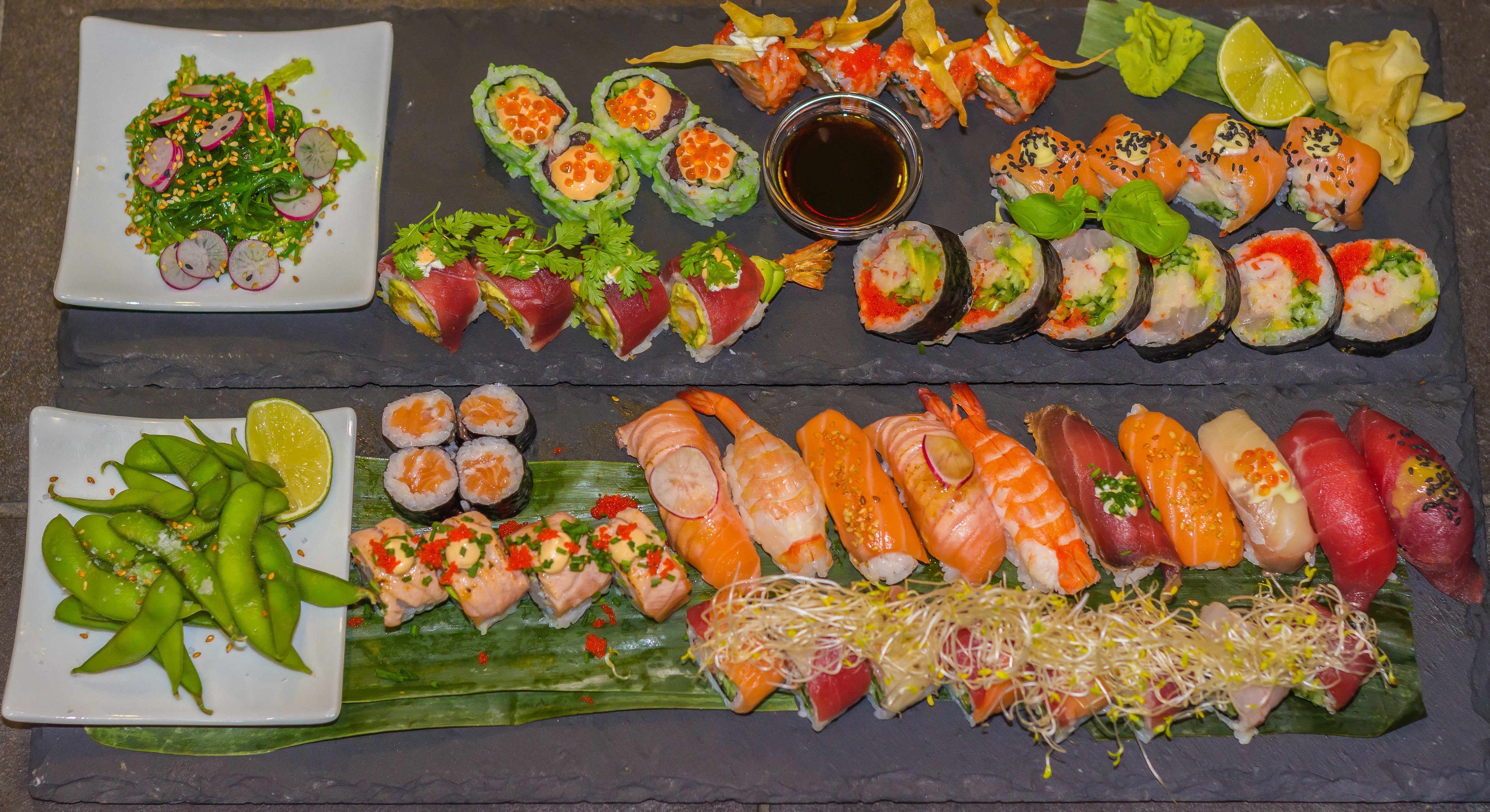 Sushi platter with edamame and salad HD Wallpaper