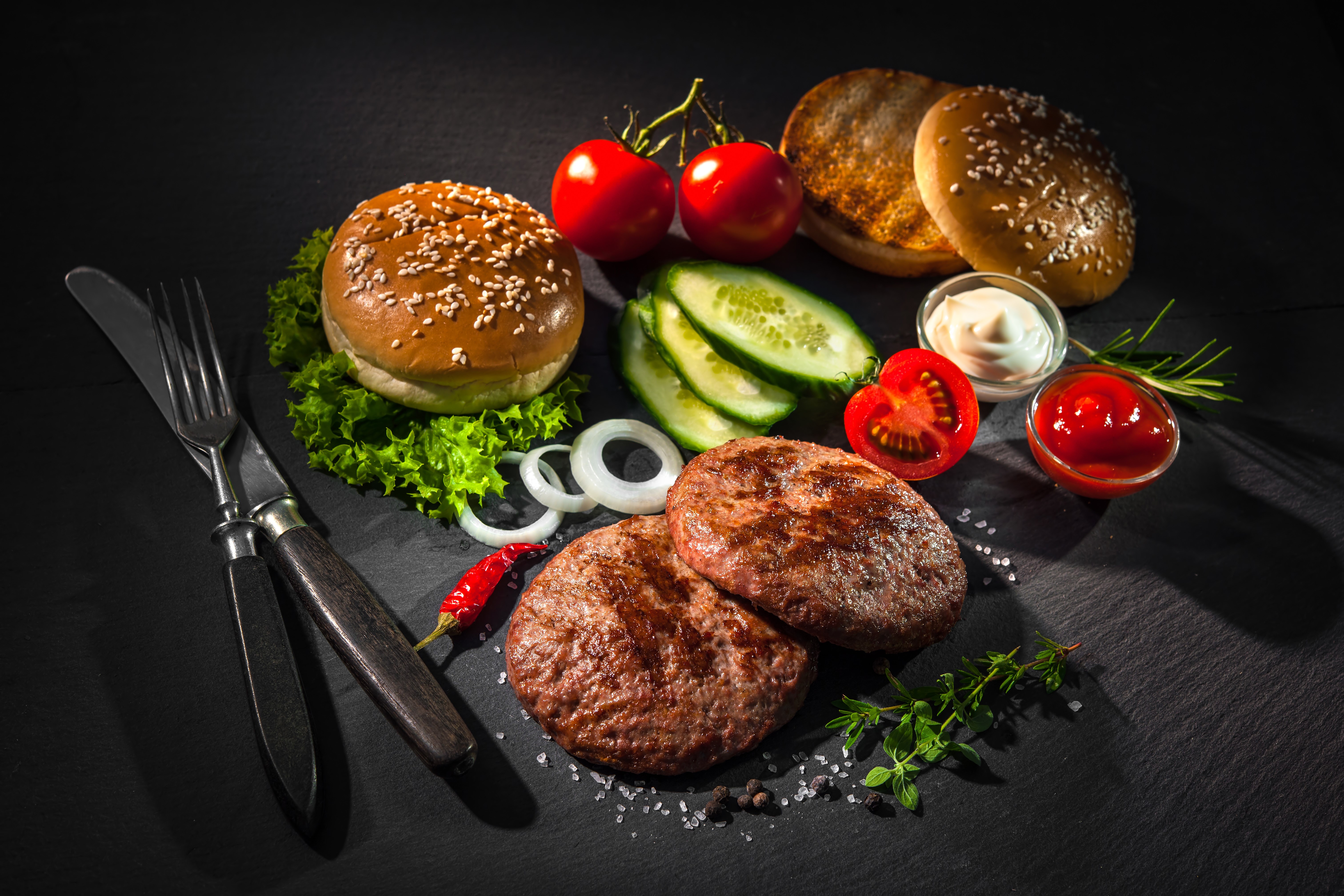 Burger ingredients with knife and fork HD Wallpaper
