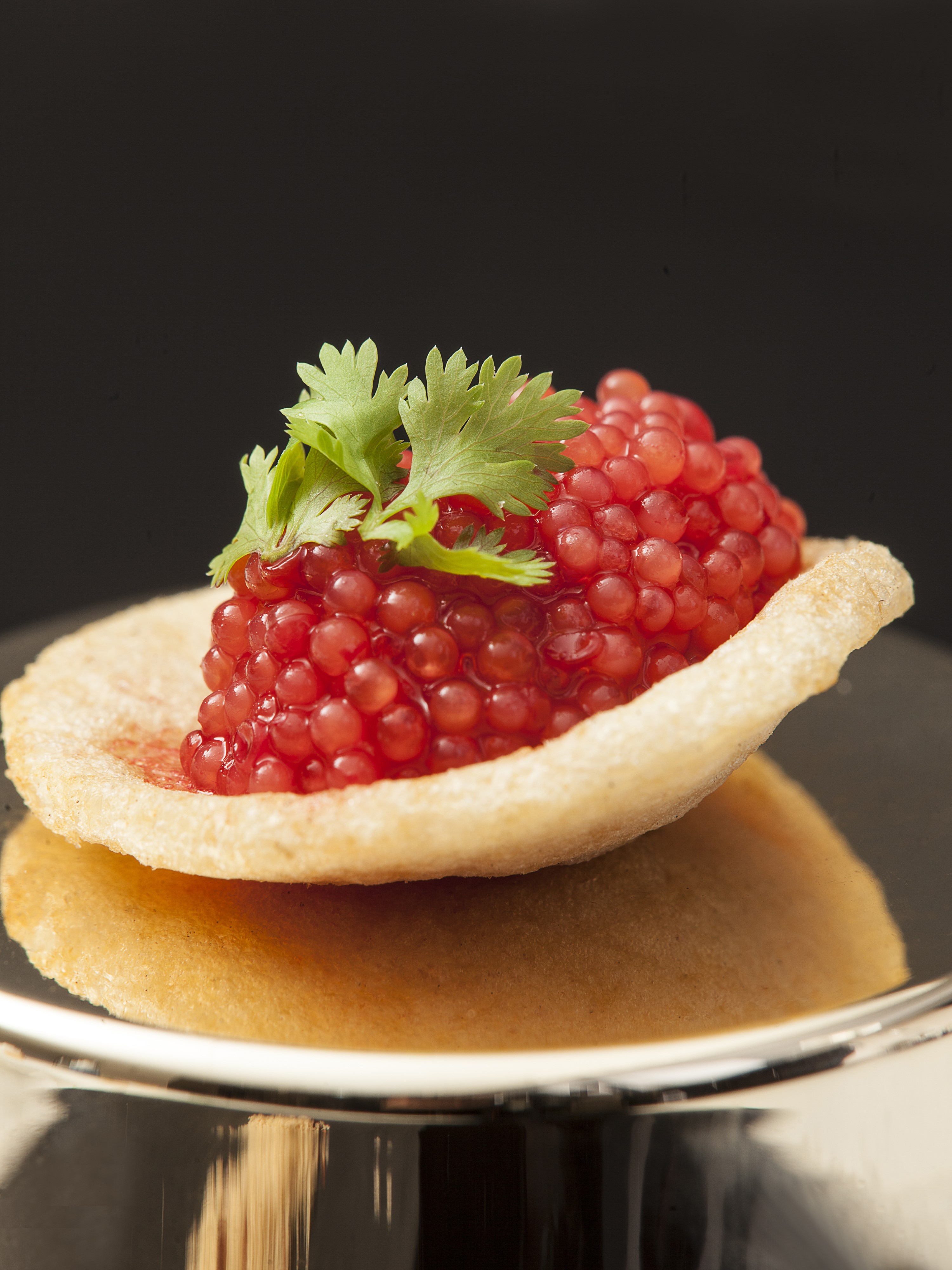 Red caviar on a chip with cilantro HD Phone Wallpaper