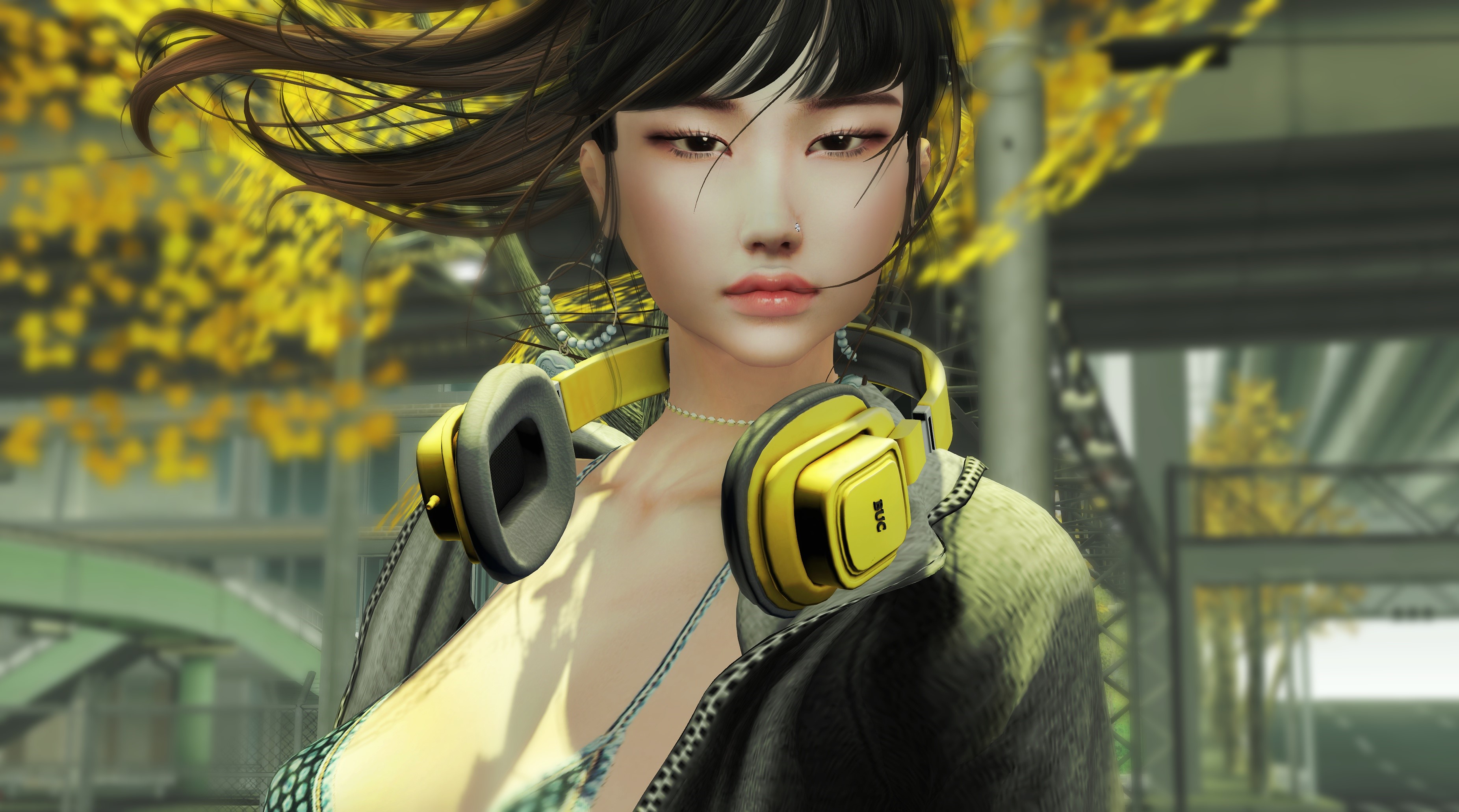 Asian girl with headphones and windblown hair HD Wallpaper