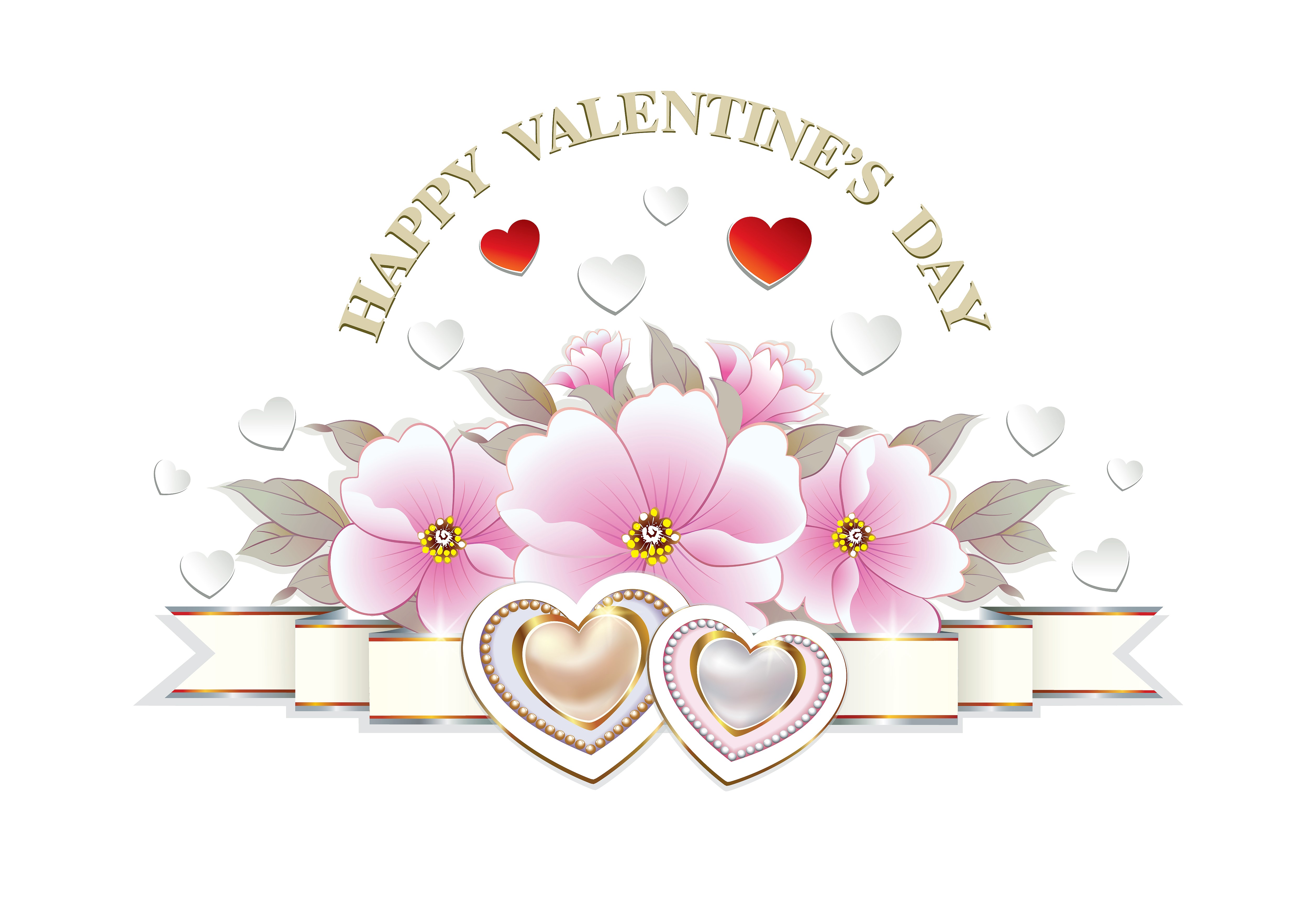 Happy Valentine's Day floral arrangement with hearts HD Wallpaper