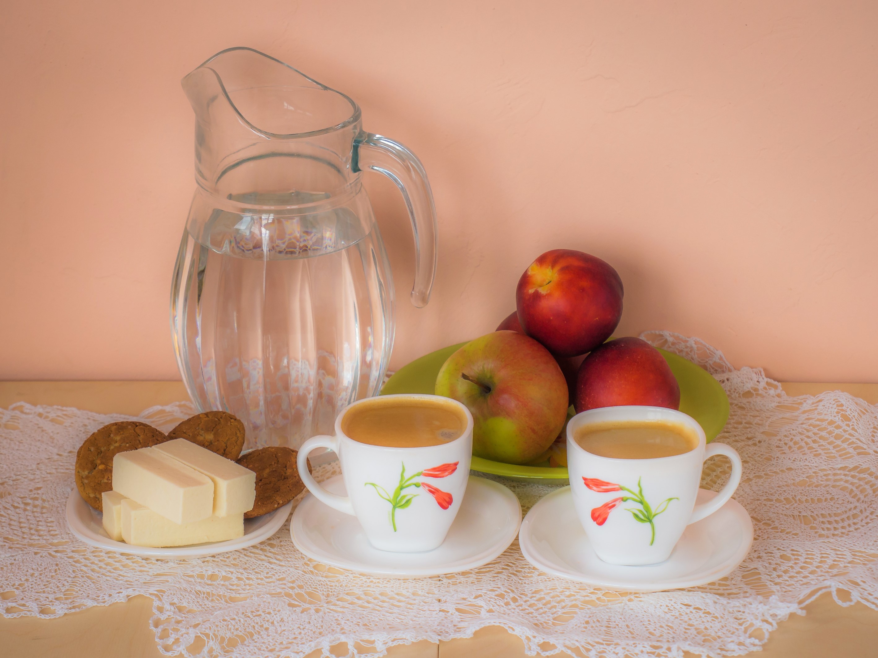 Coffee, Apples, Cookies, and Water Jug HD Wallpaper