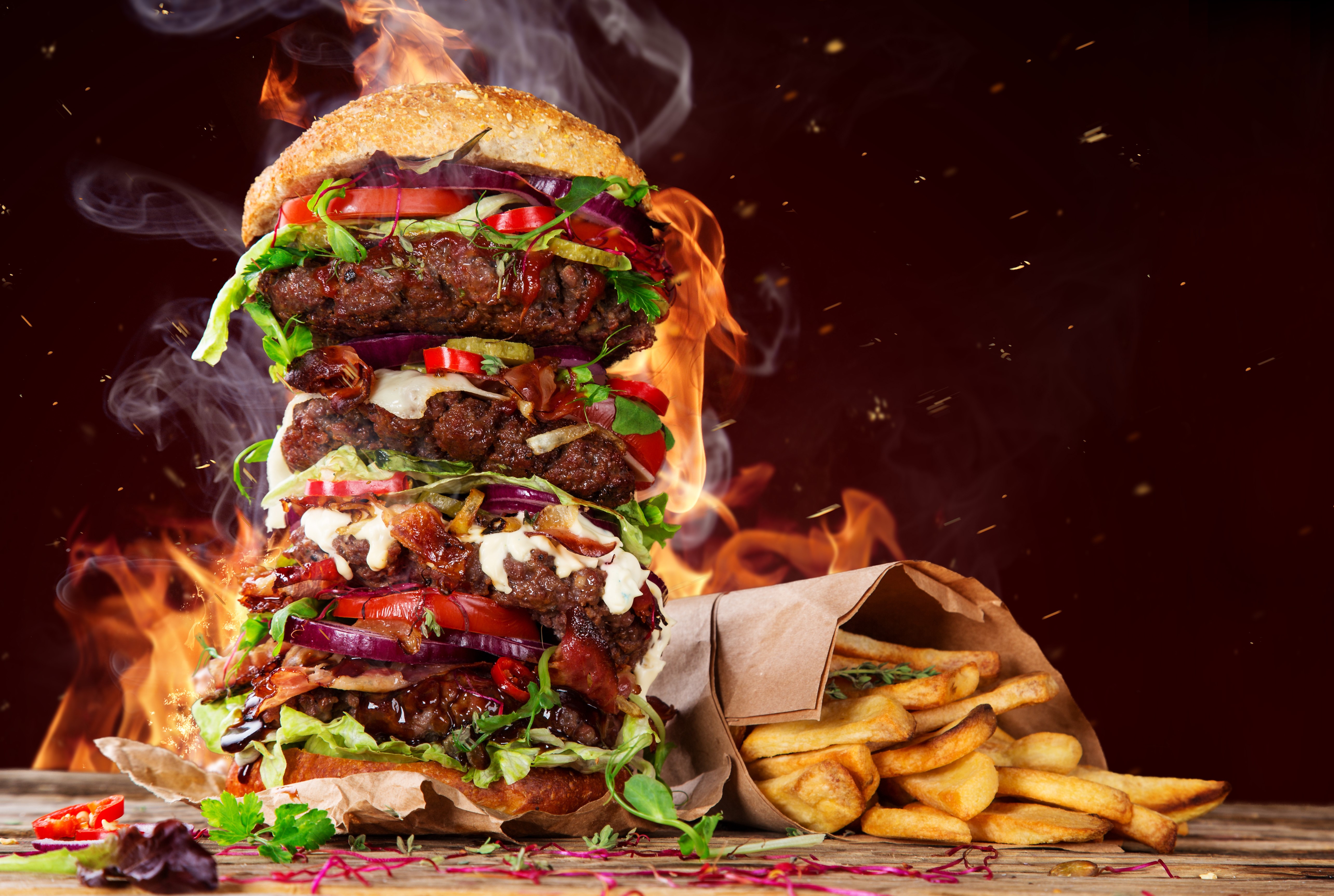 Giant Hamburger with French Fries and Flames HD Wallpaper