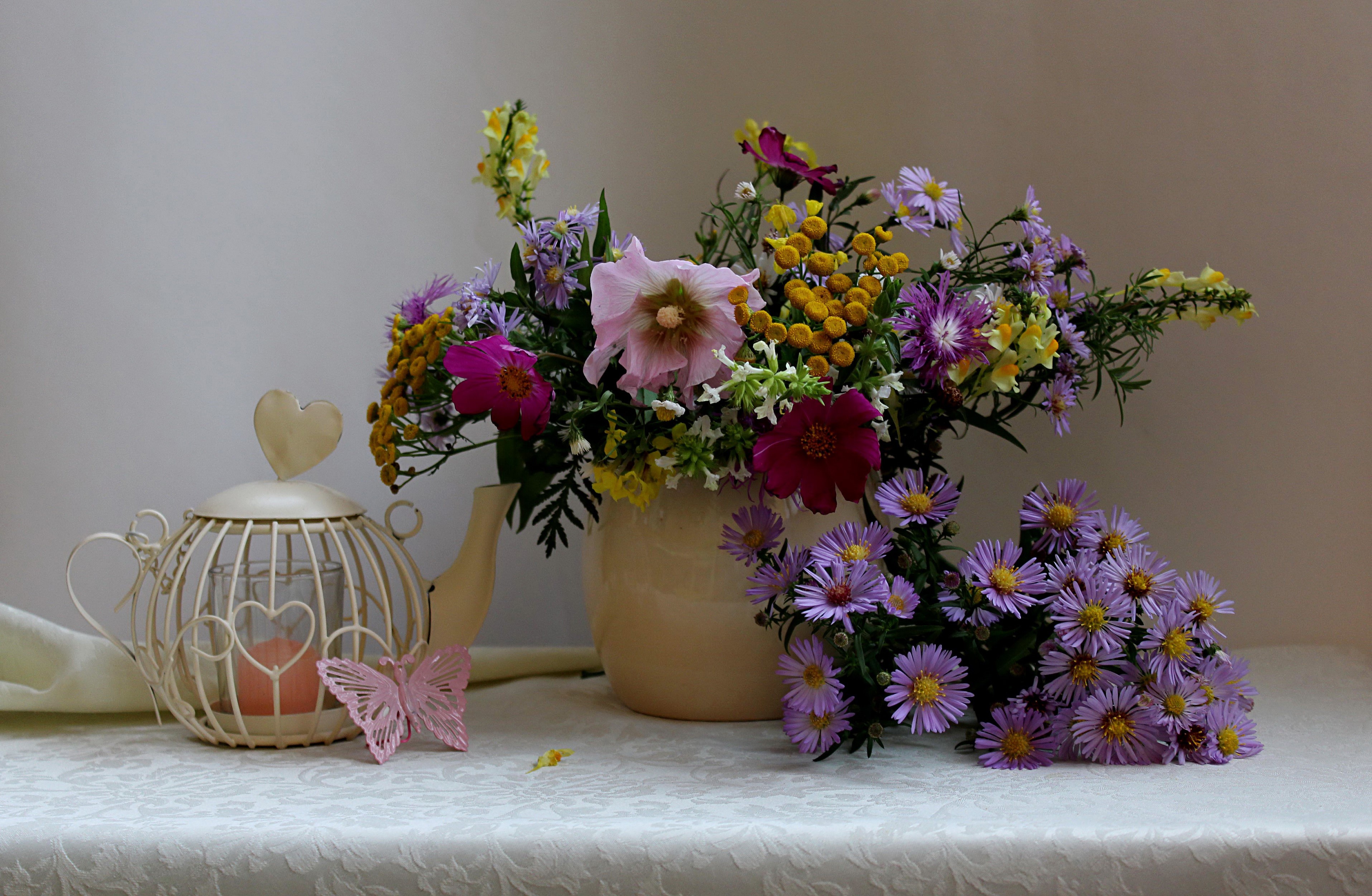 Still-life with bouquet of flowers, kettle, and butterflies HD Wallpaper