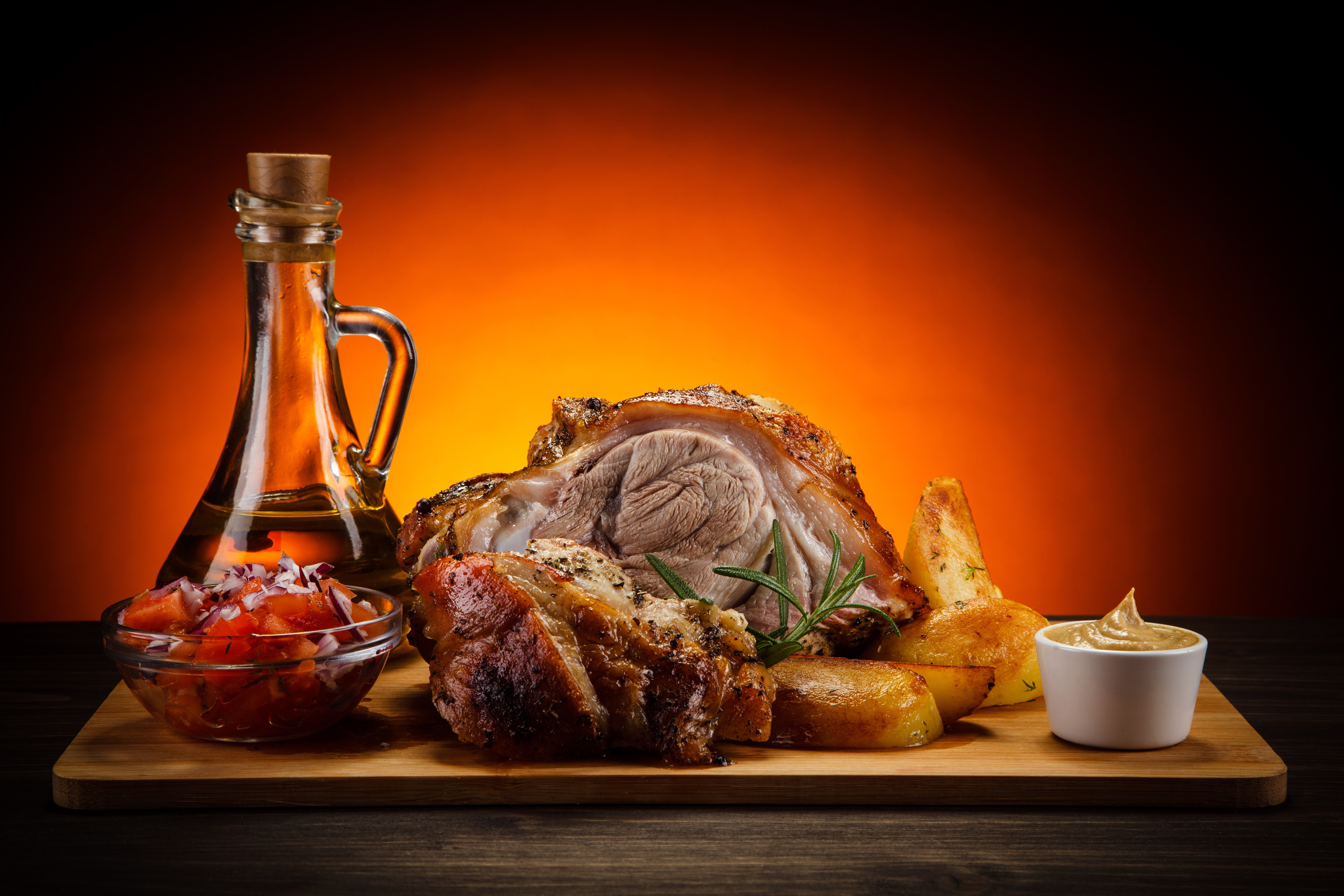 Roasted Pork with Potatoes and Condiments HD Wallpaper