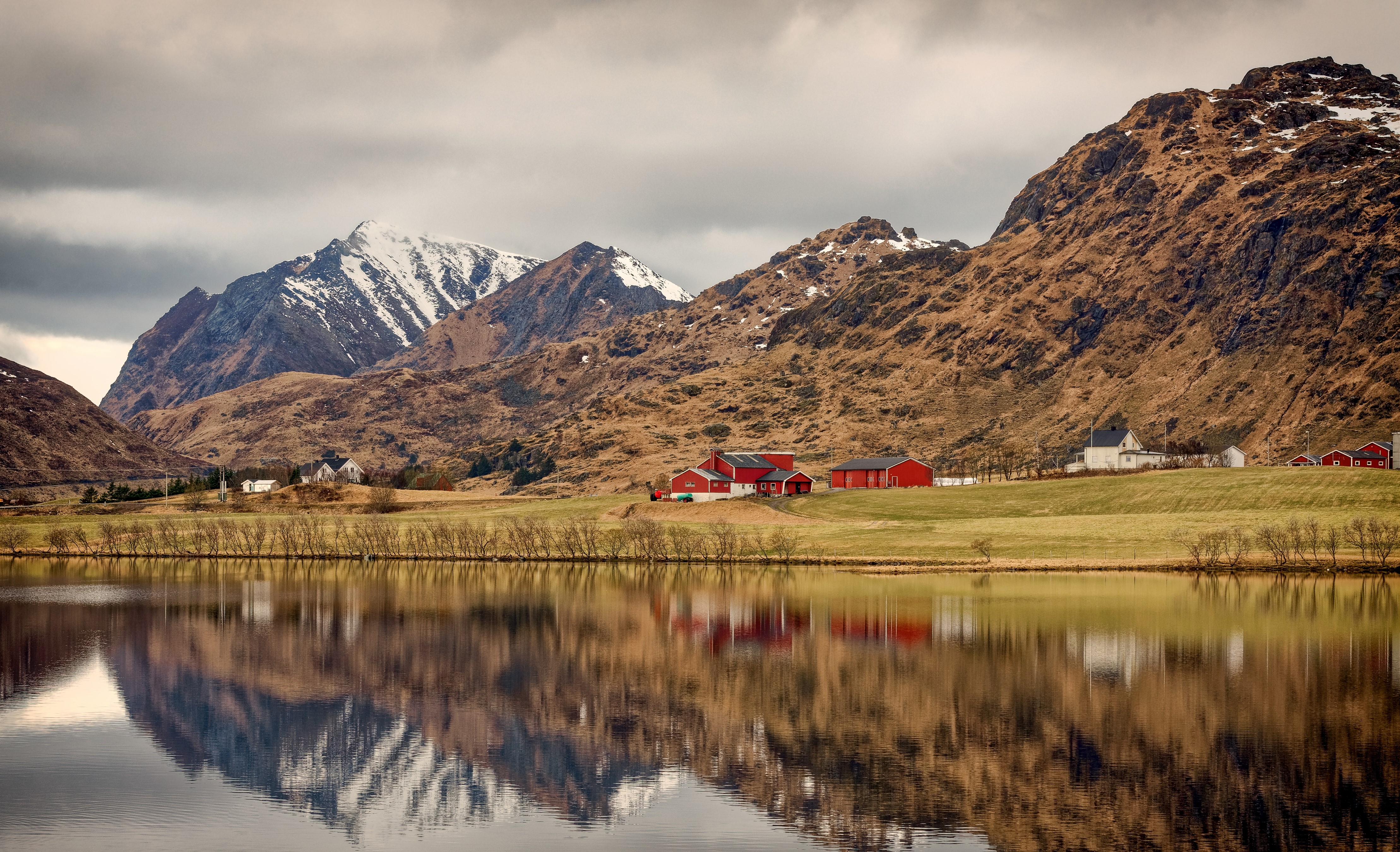 4K Norway Lofoten Mountains and Houses by Lake HD Wallpaper