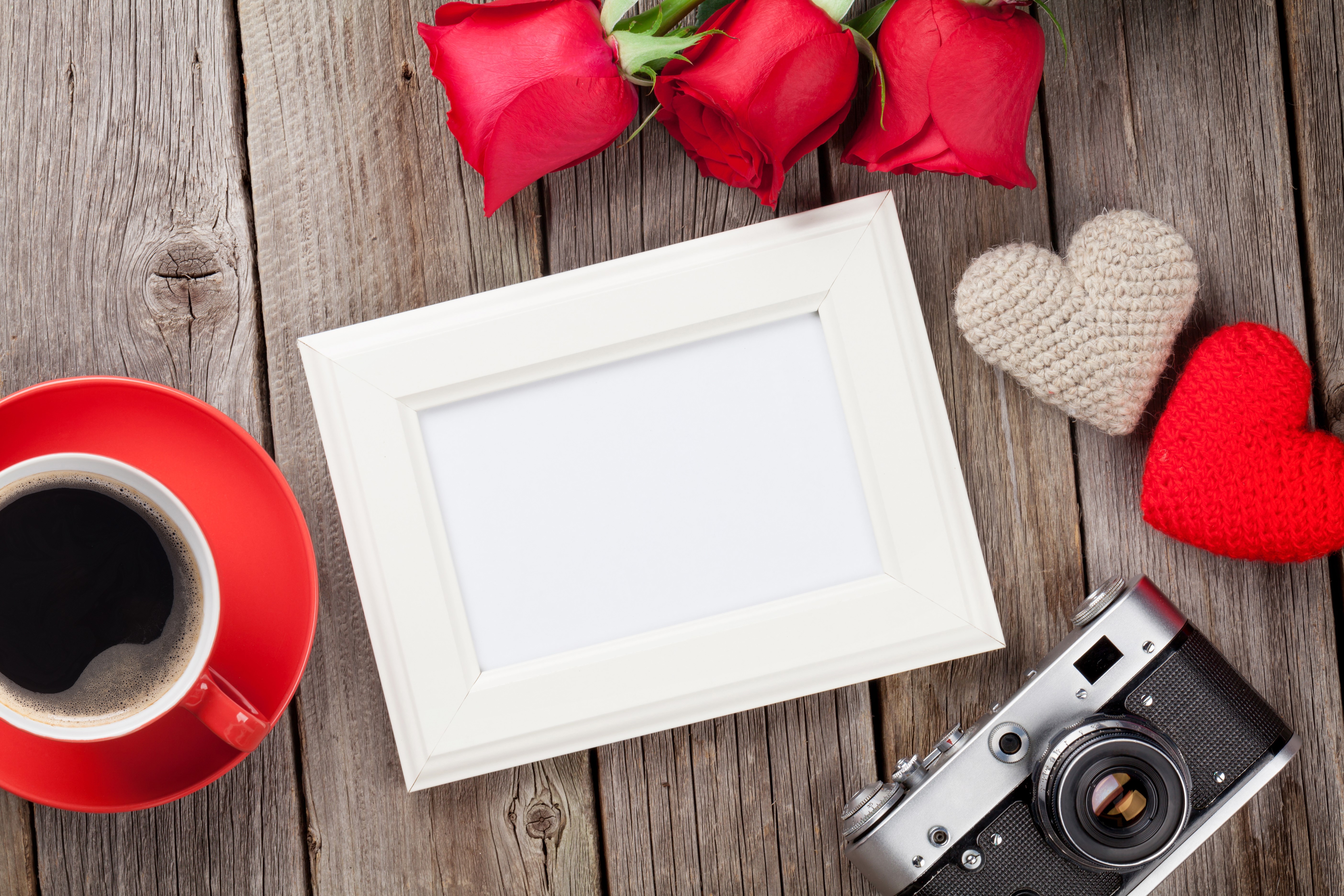 Valentine's Day Roses, Coffee, Photo Frame, Camera, and Hearts HD Wallpaper