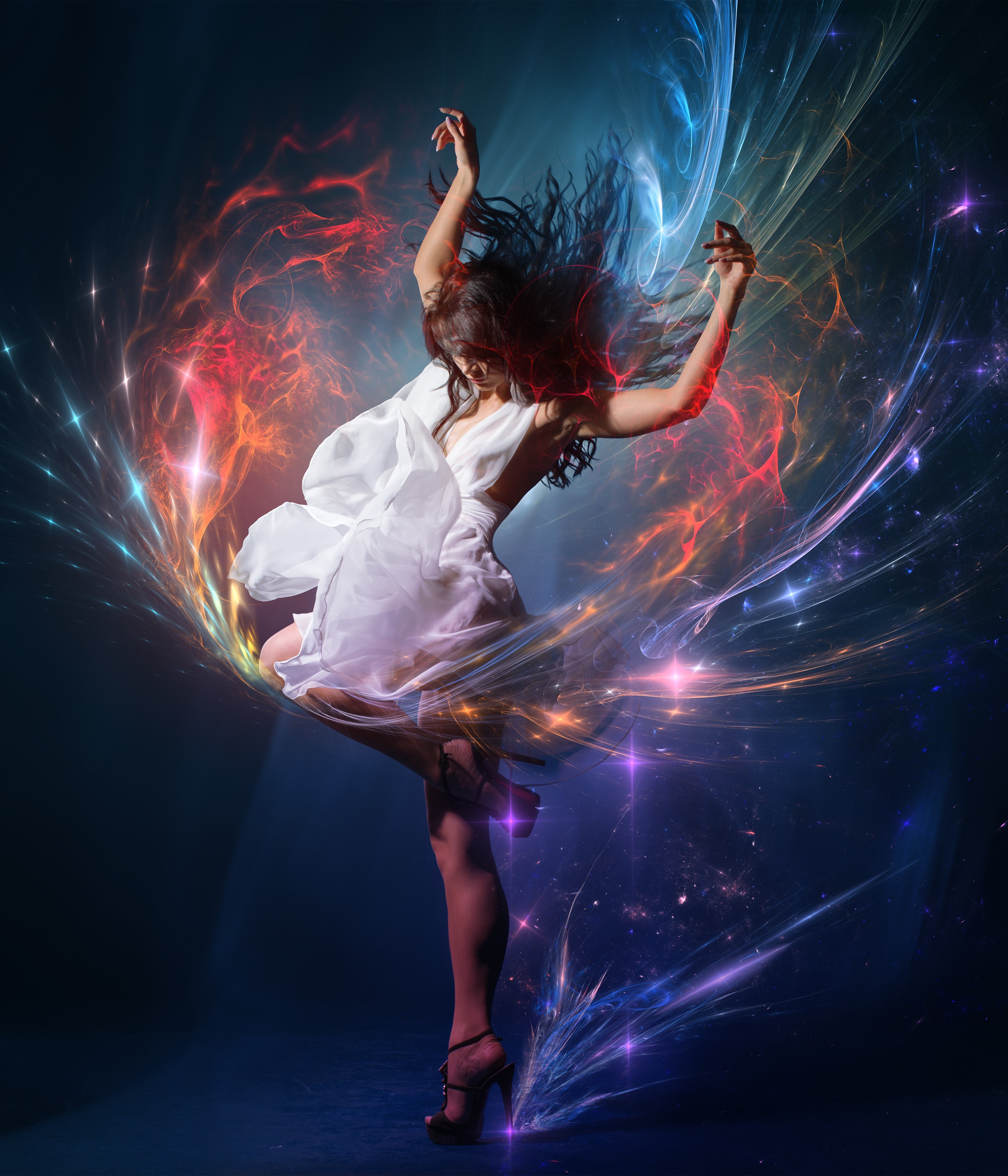 Woman in white dress dancing with colorful energy HD Wallpaper
