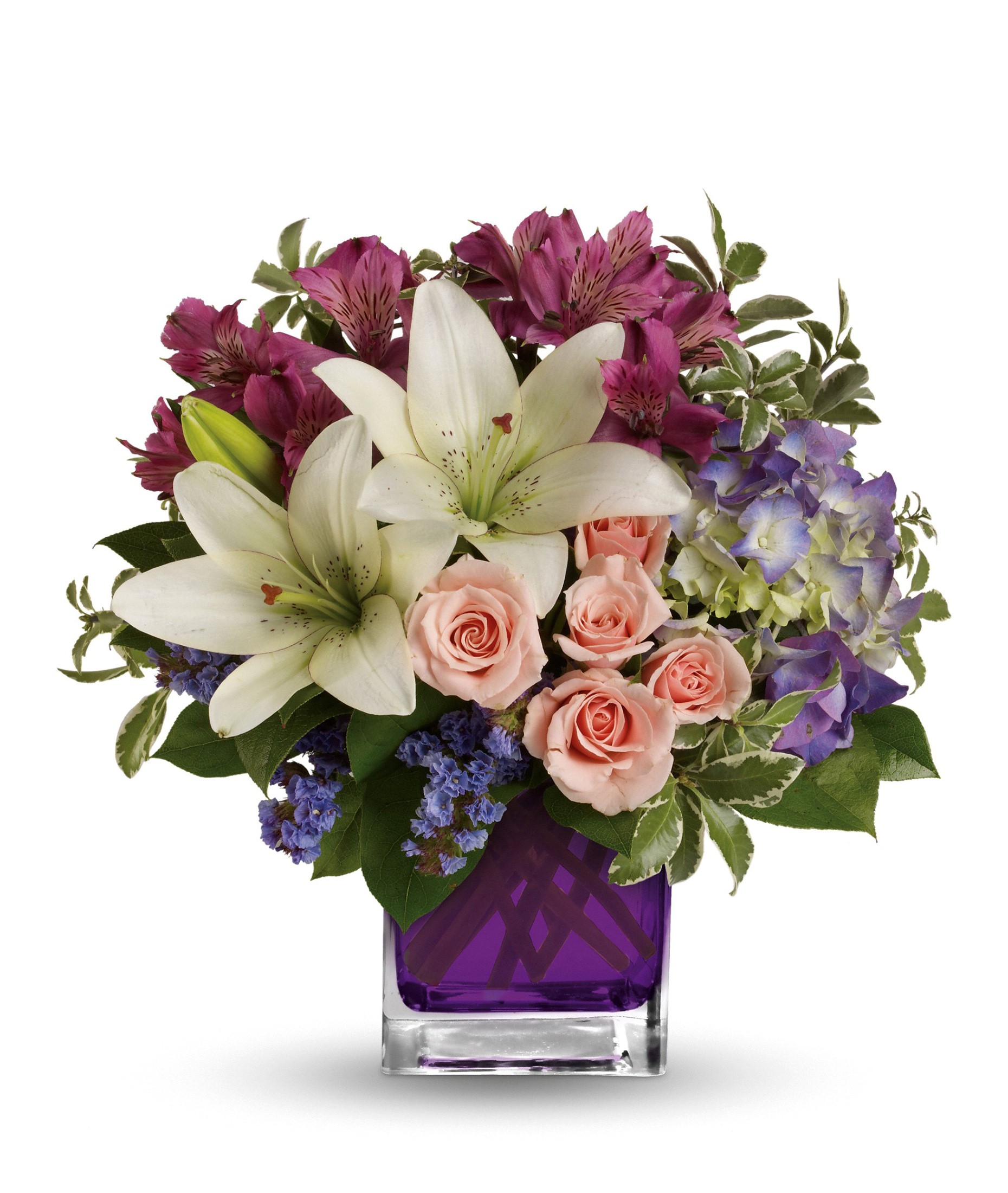 White lilies, pink roses, and purple alstroemeria in a purple vase HD Wallpaper