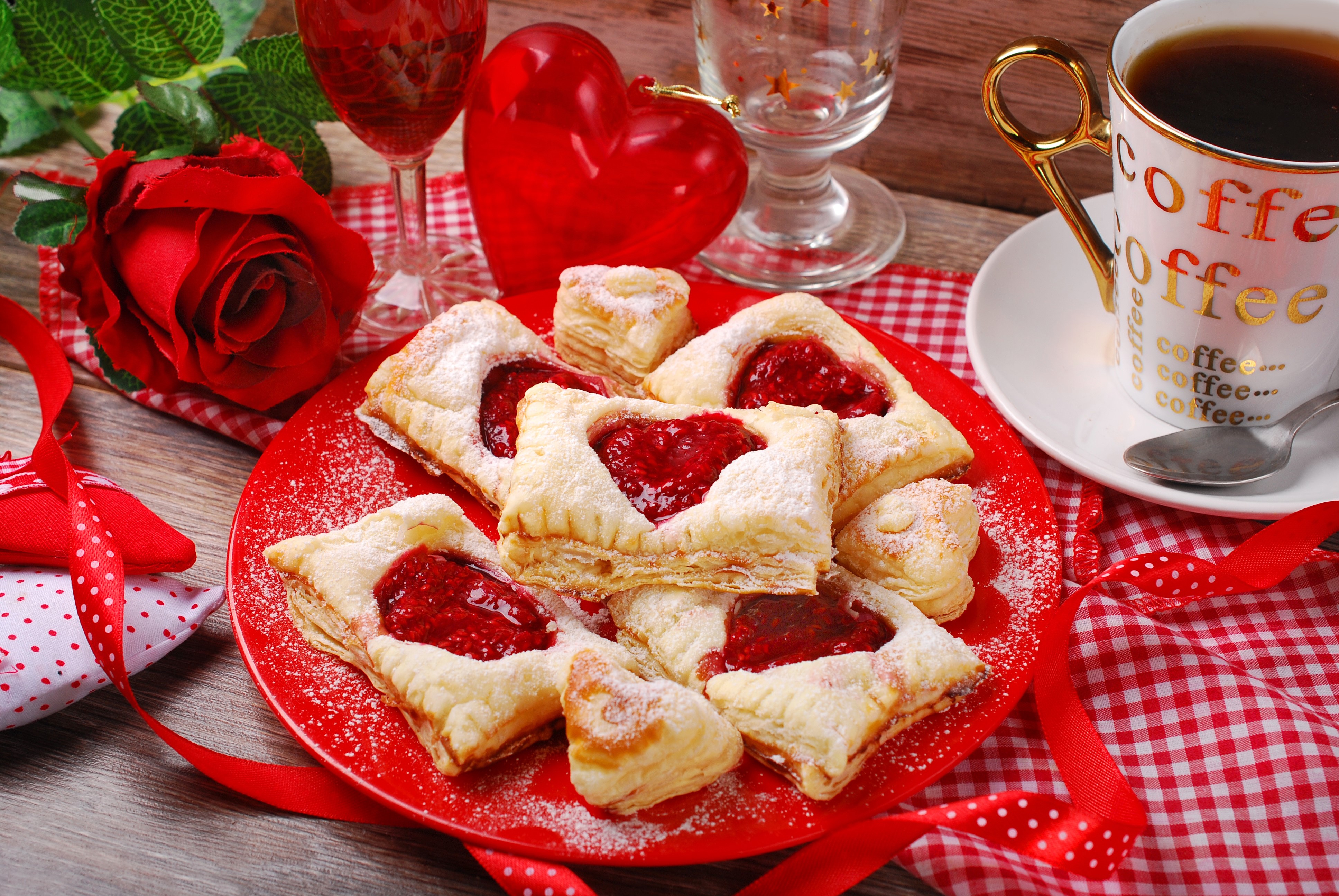 Valentine's Day pastries with coffee and rose HD Wallpaper