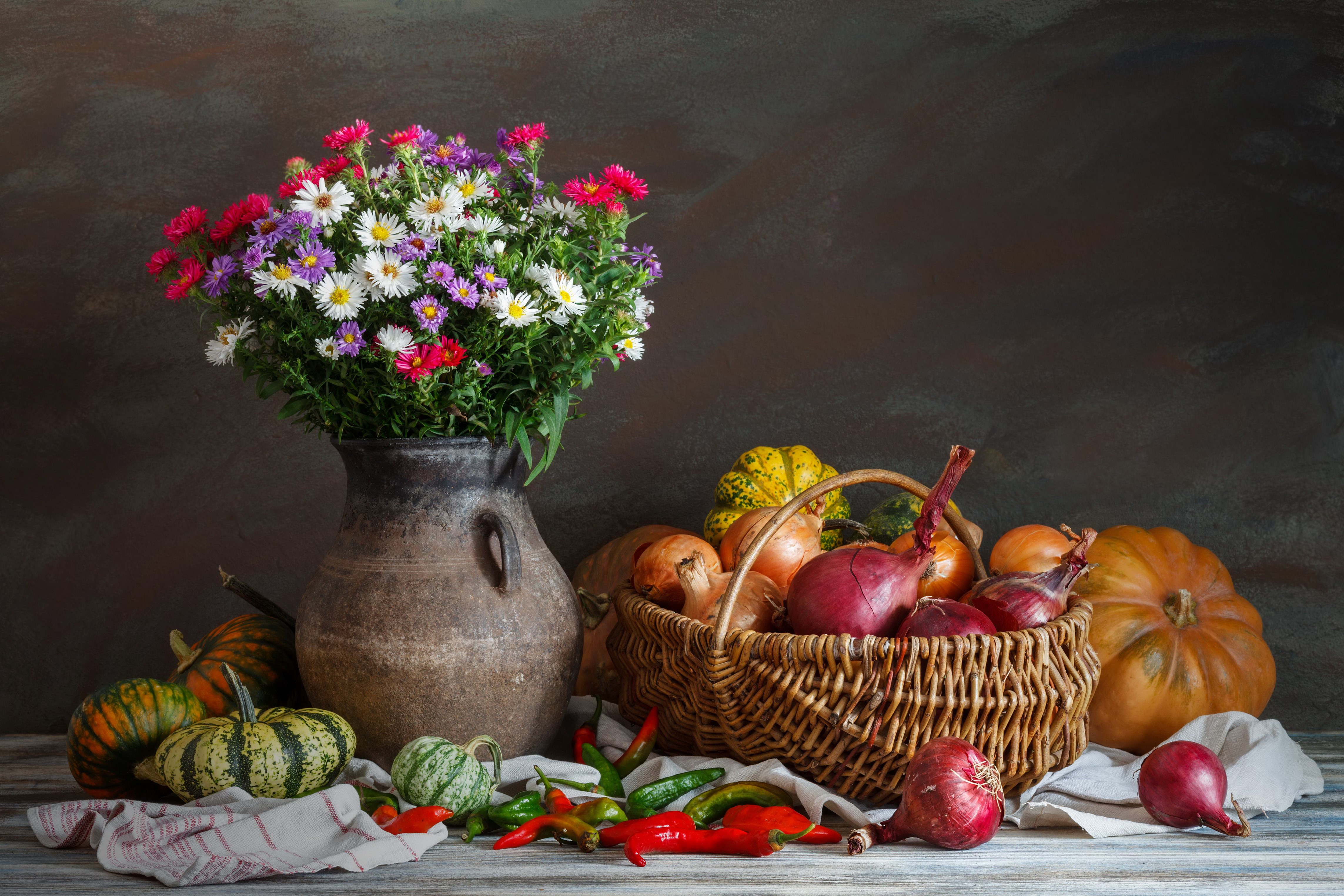 4K Still Life with Flowers, Vegetables, and Basket HD Wallpaper