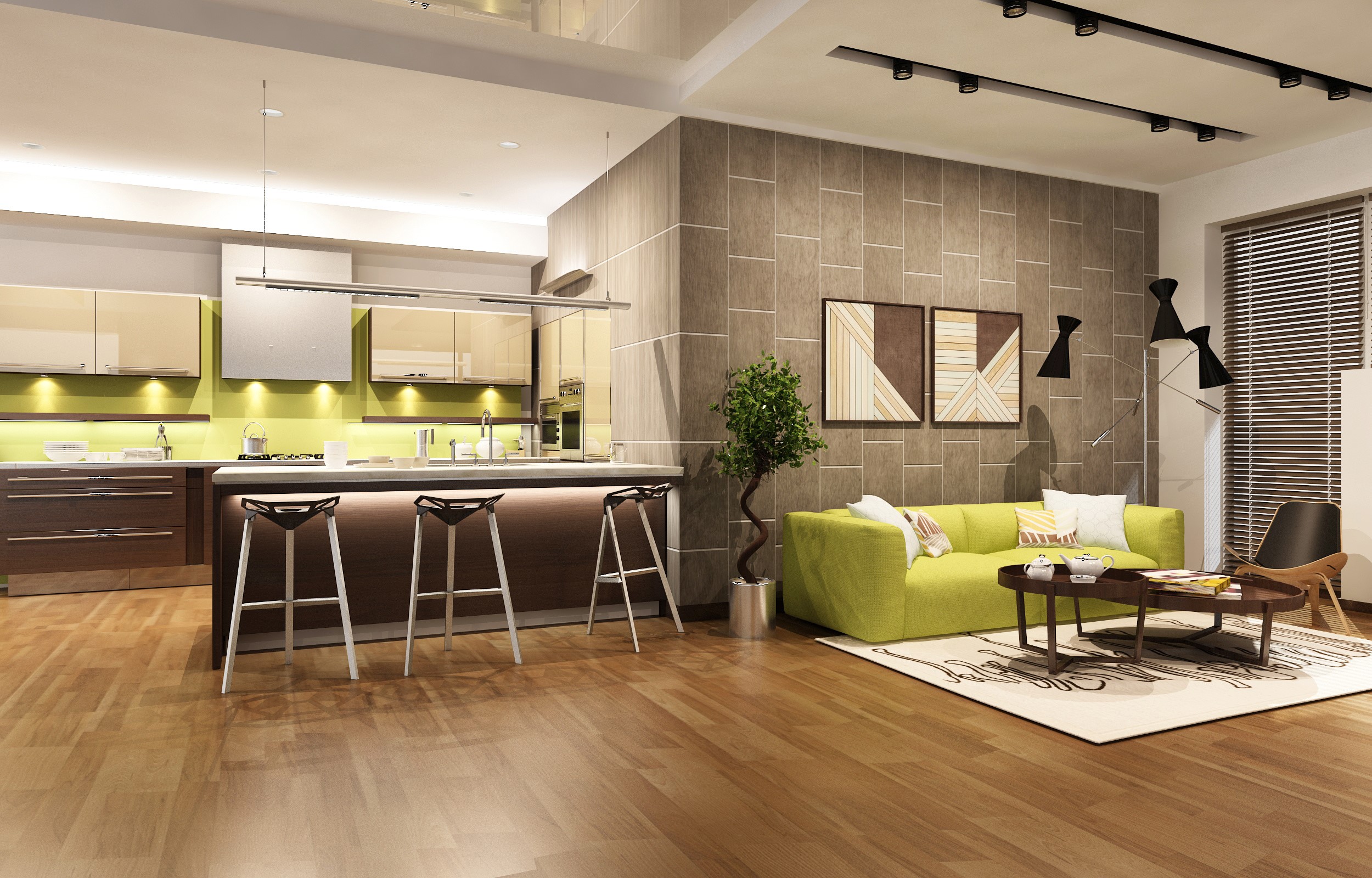 Modern open-plan kitchen and living room interior HD Wallpaper