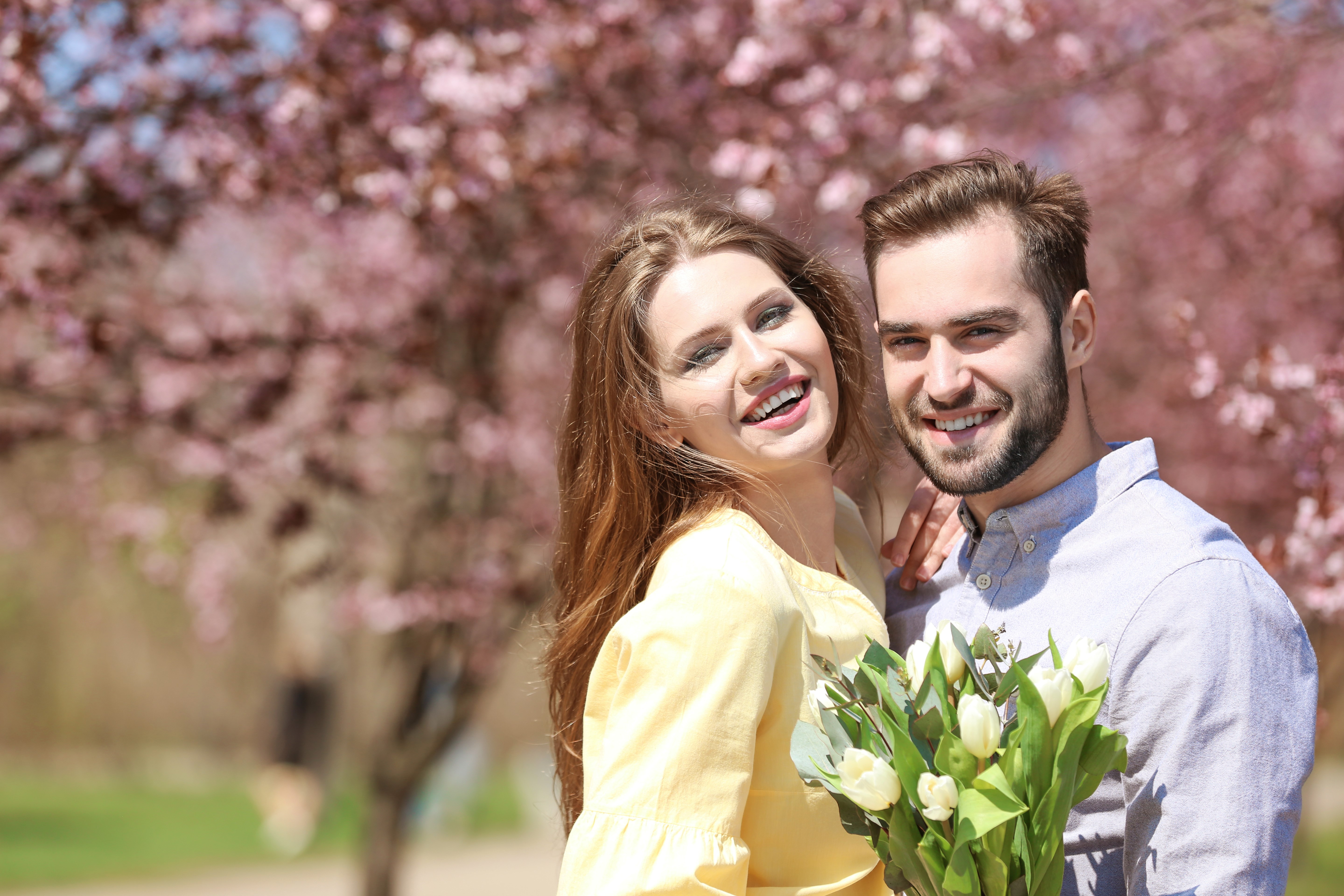 Couple with Tulips in Bloom HD Wallpaper