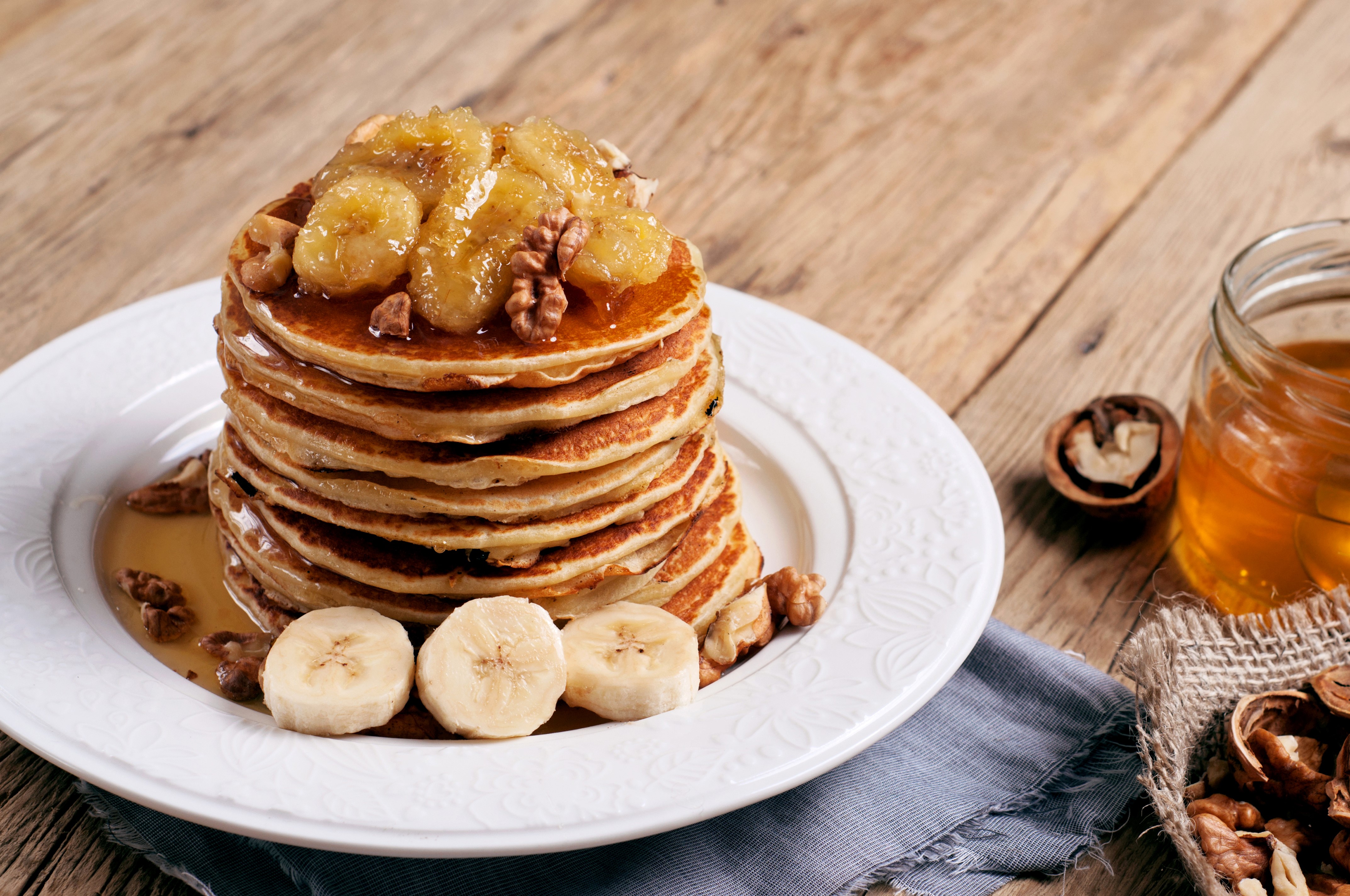 Pancakes with Bananas, Nuts, and Honey HD Wallpaper