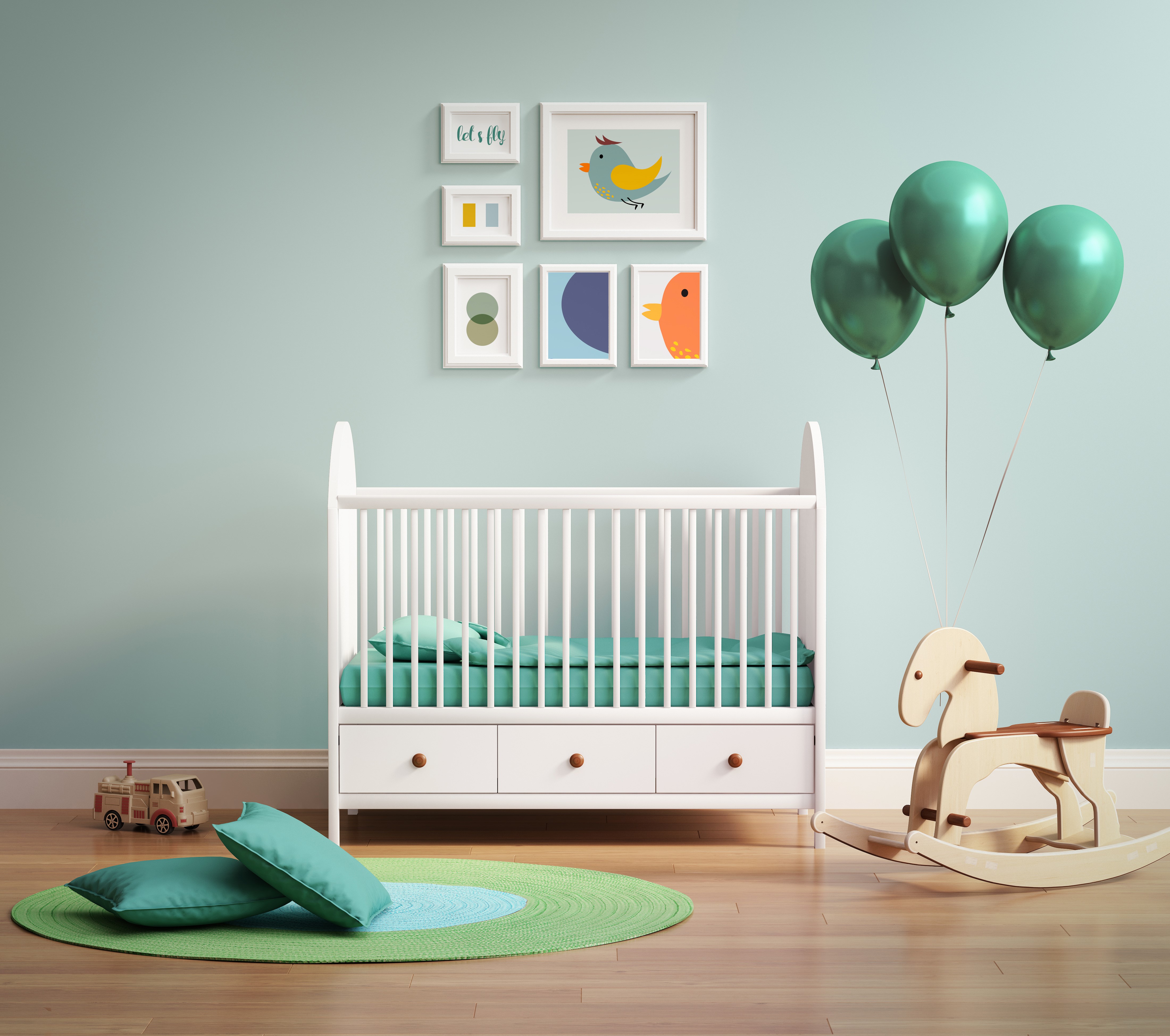 Children's room with crib, toys, and balloons HD Wallpaper