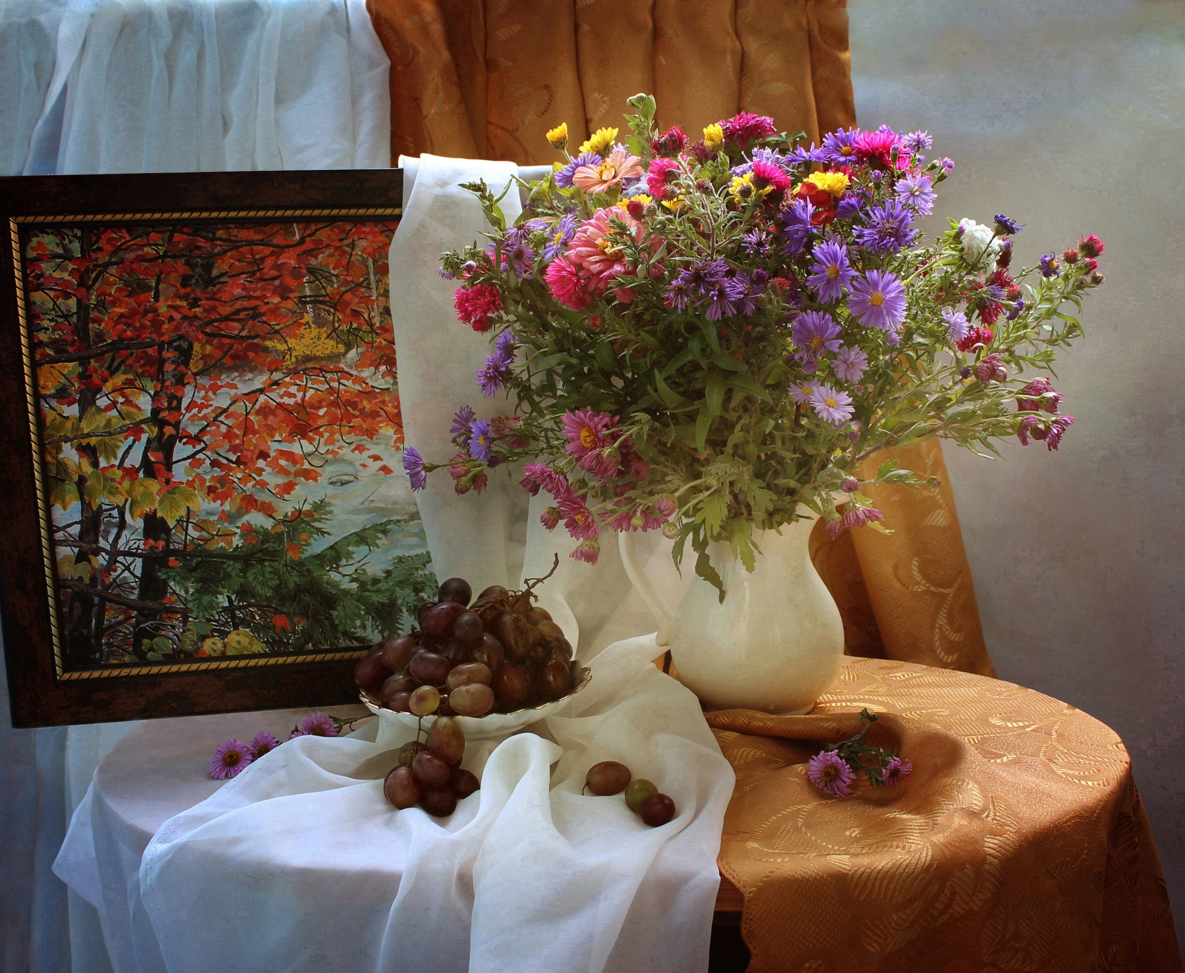 Still-life with asters, chrysanthemums, grapes, and a painting HD Wallpaper