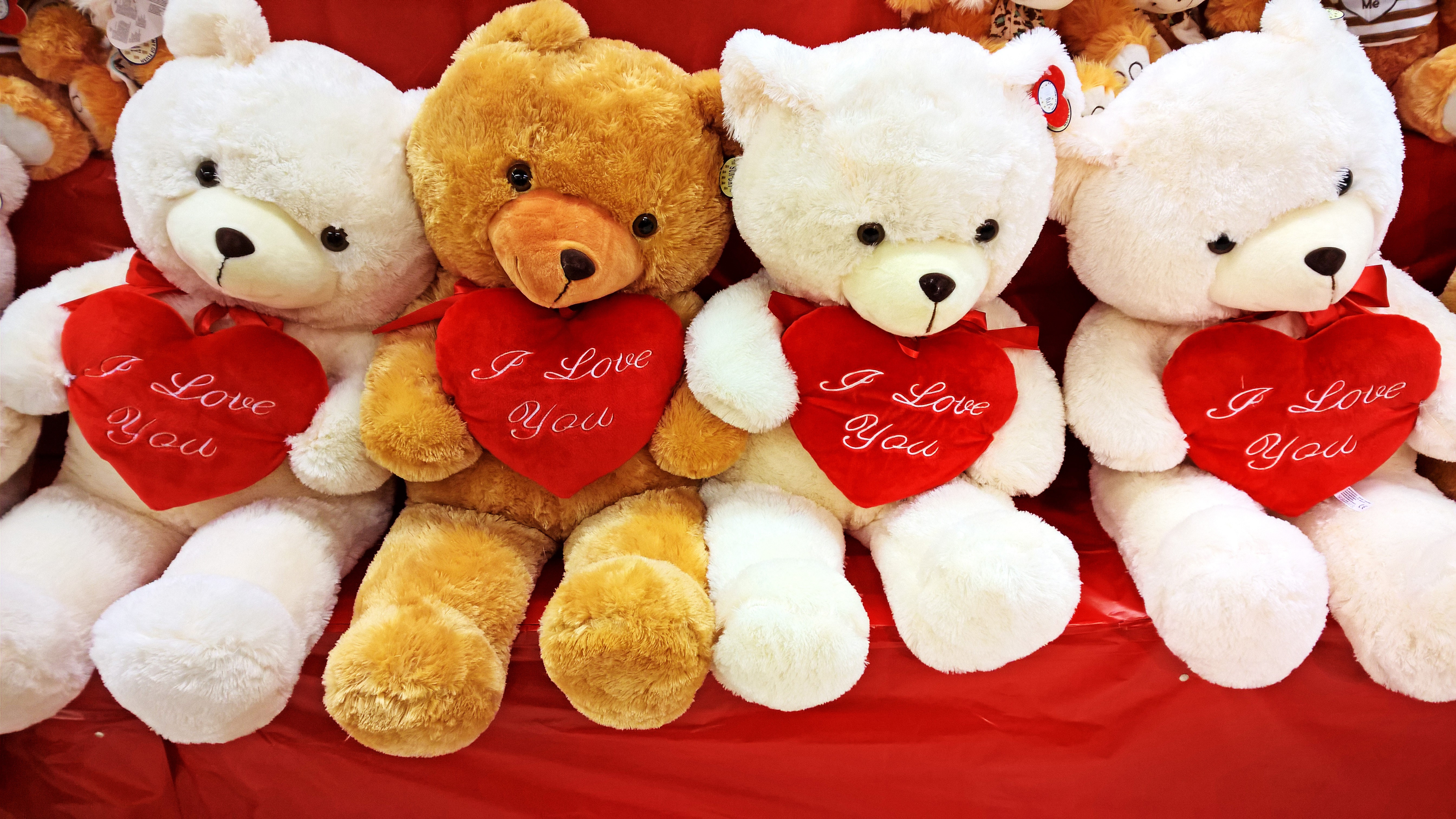 Four teddy bears with hearts, Valentine's Day HD Wallpaper