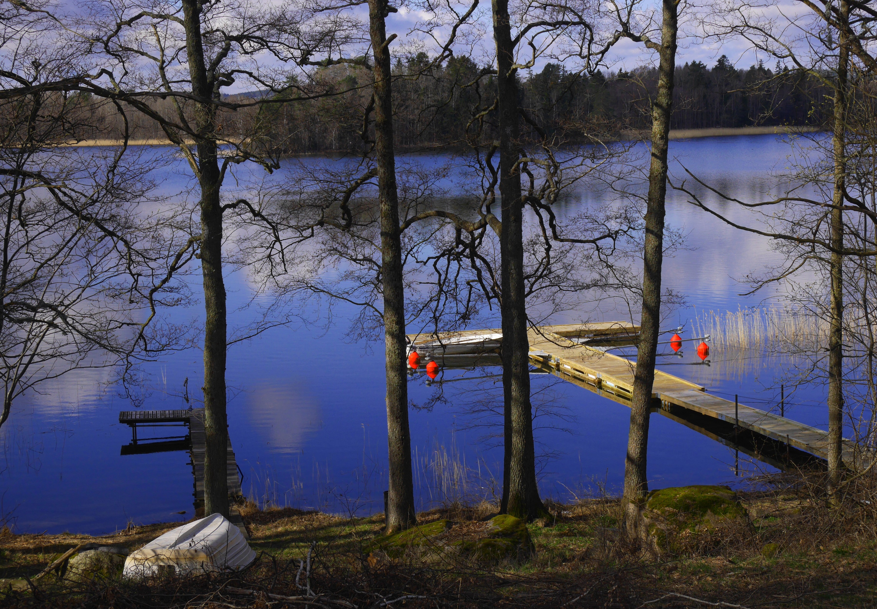 Wooden dock with orange buoys on a lake in Rimforsa, Sweden HD Wallpaper
