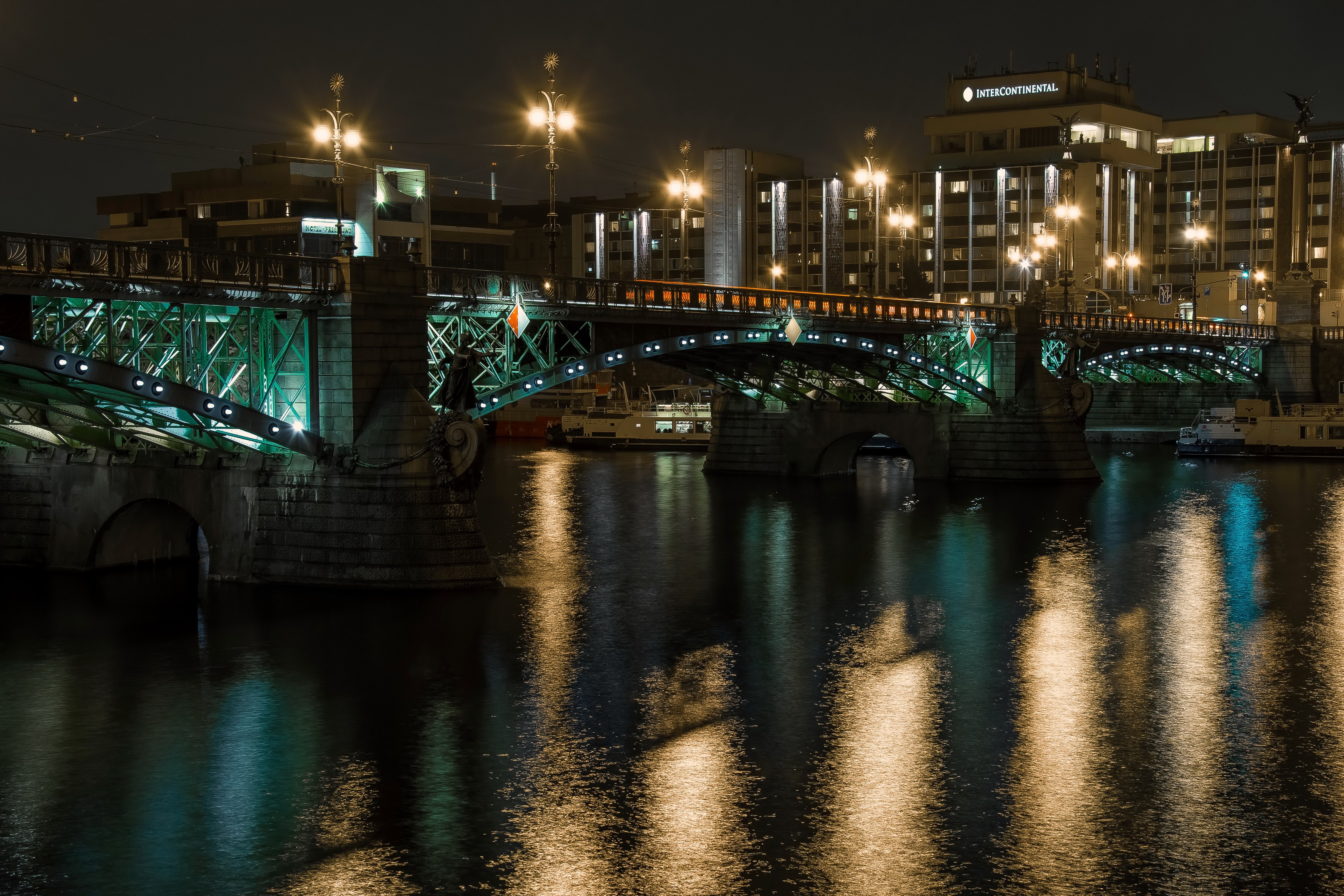 Prague bridge at night with InterContinental hotel HD Wallpaper