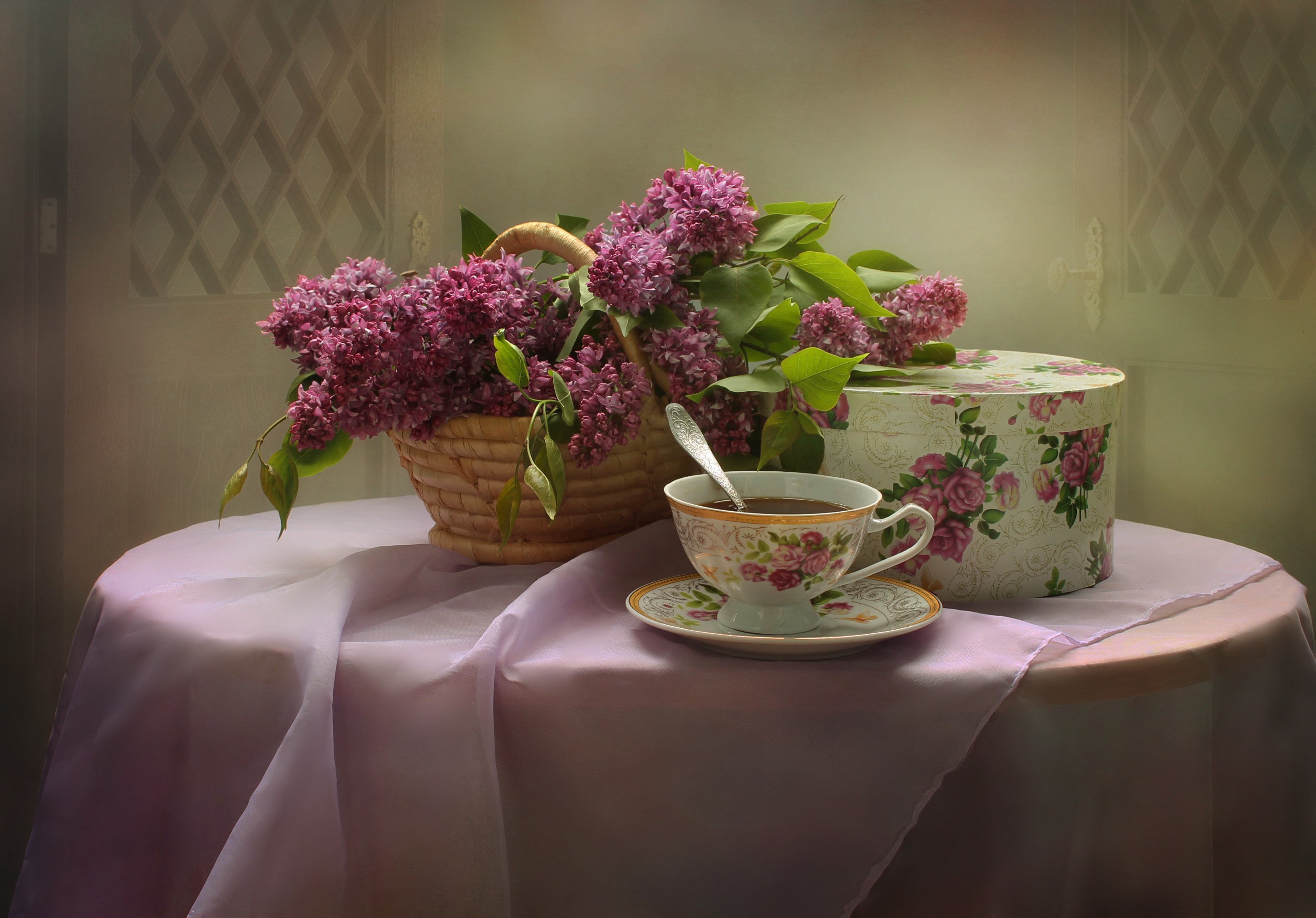 Still-life with Lilac, Tea, and a Box HD Wallpaper