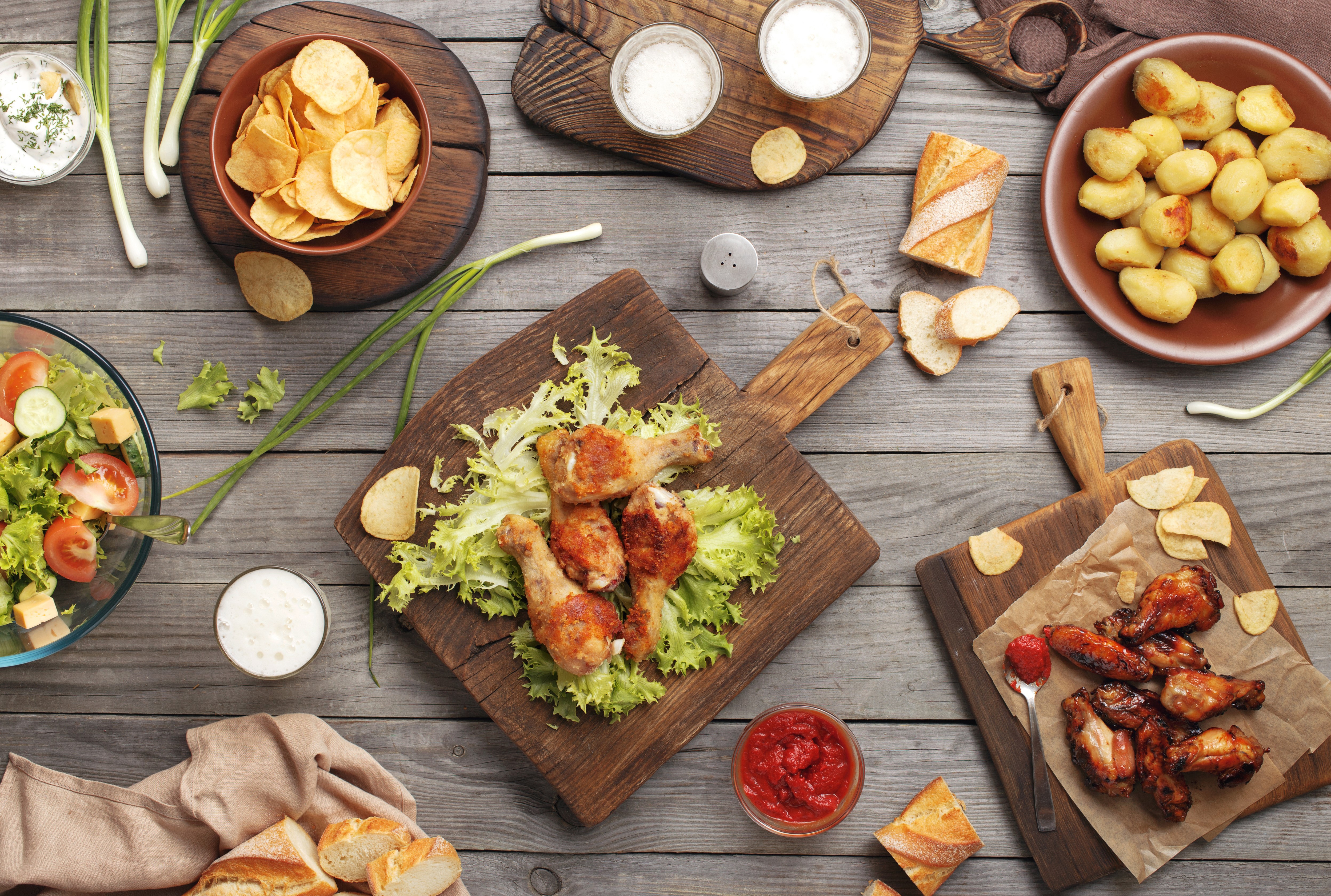 Still-life of Roast Chicken, Potato, Bread, Chips, and Salad HD Wallpaper