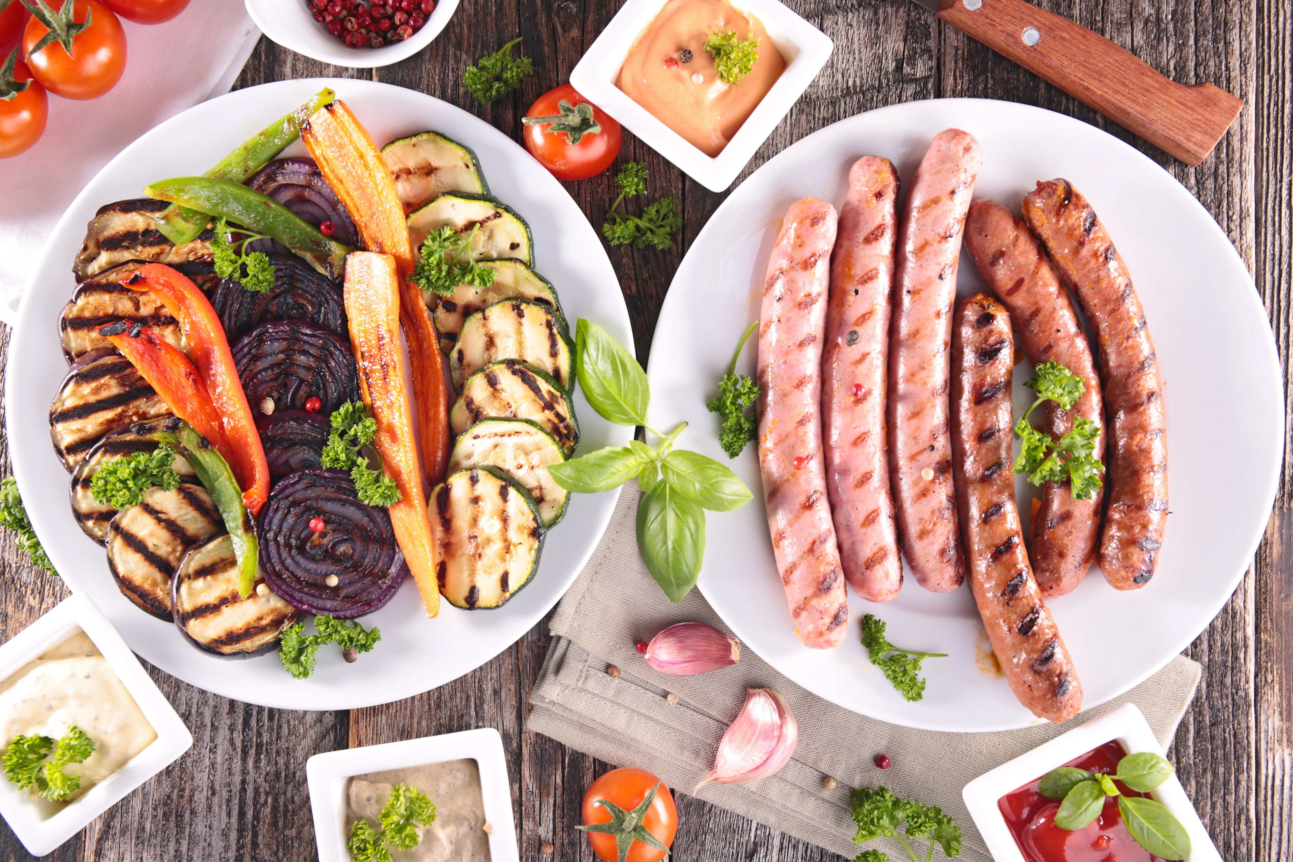 Grilled Vegetables and Sausages on Plates HD Wallpaper