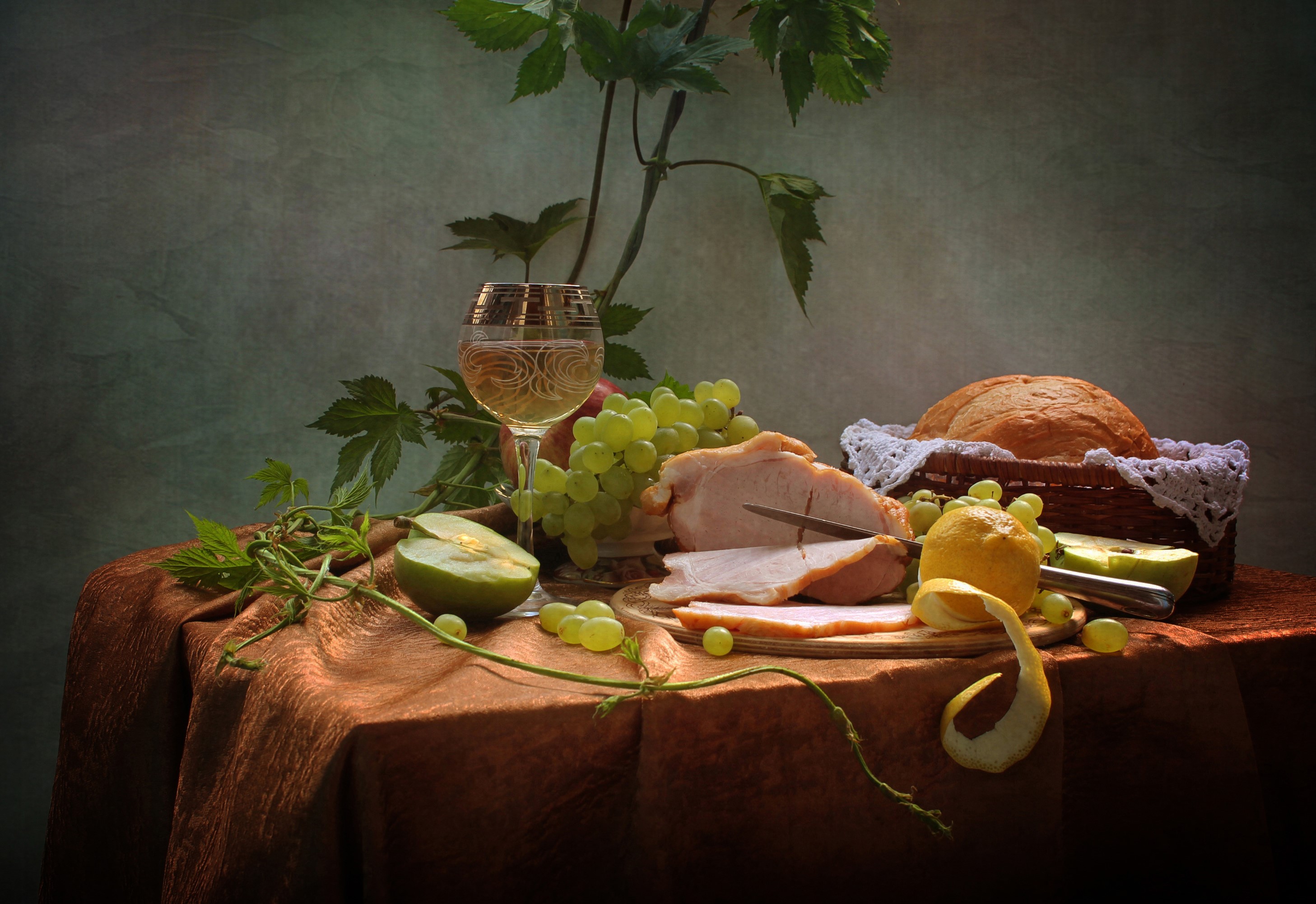 Still-life with ham, grapes, apples, lemon, bread, and wine HD Wallpaper