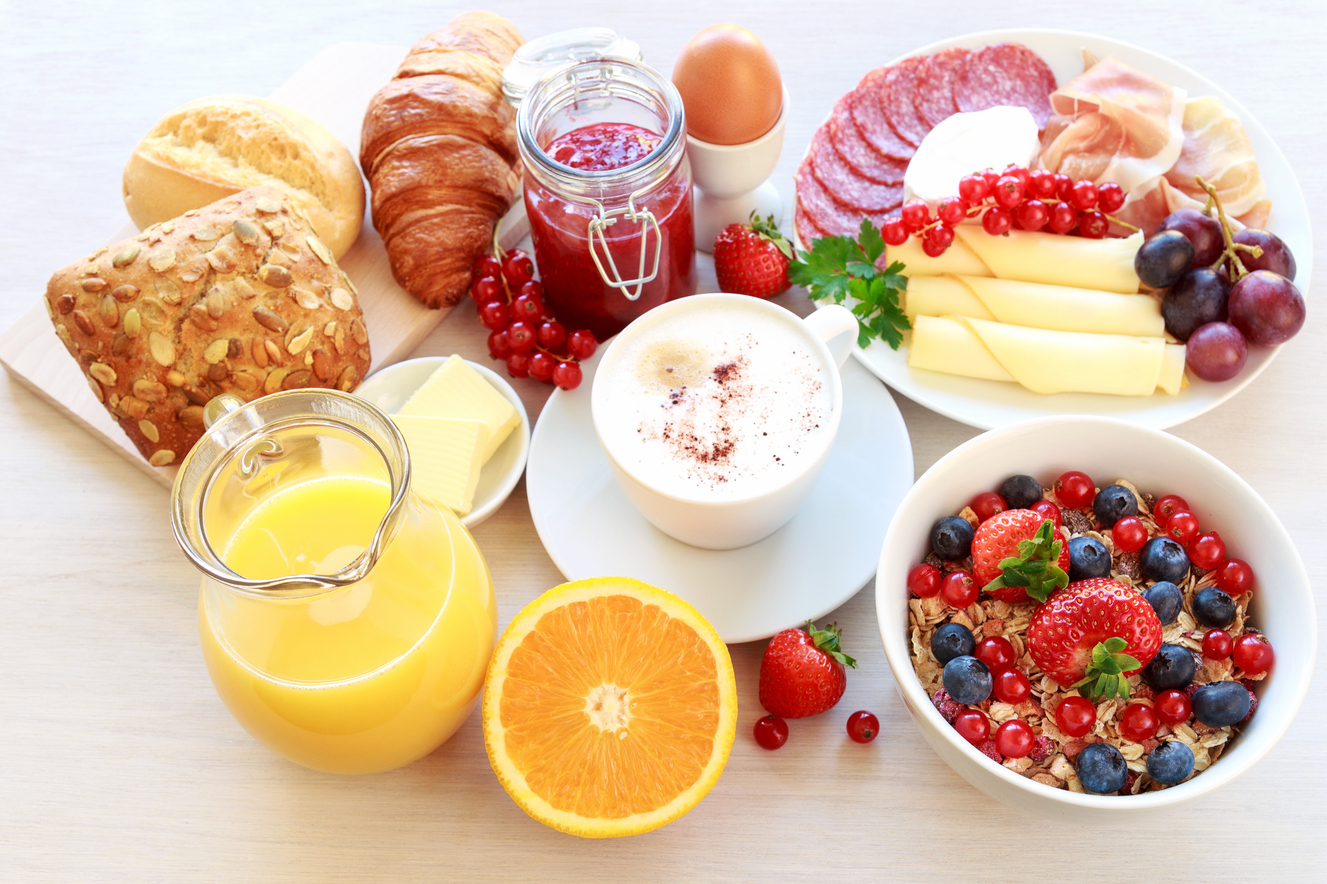 Breakfast with Cappuccino, Juice, Croissants, and Muesli HD Wallpaper
