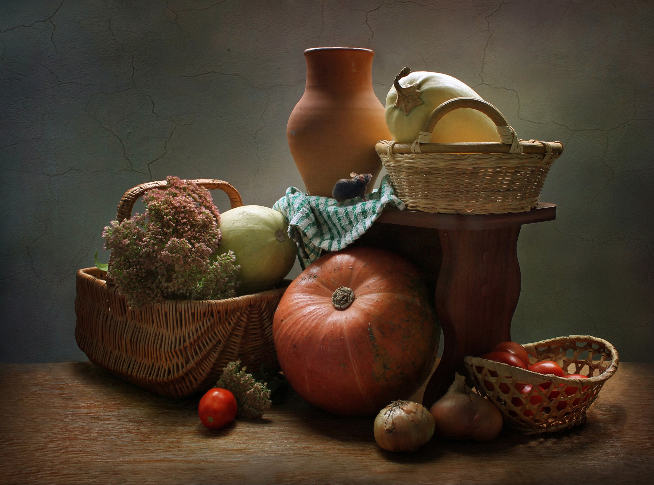 Still-life with pumpkins, tomatoes, onions, and a jug HD Wallpaper
