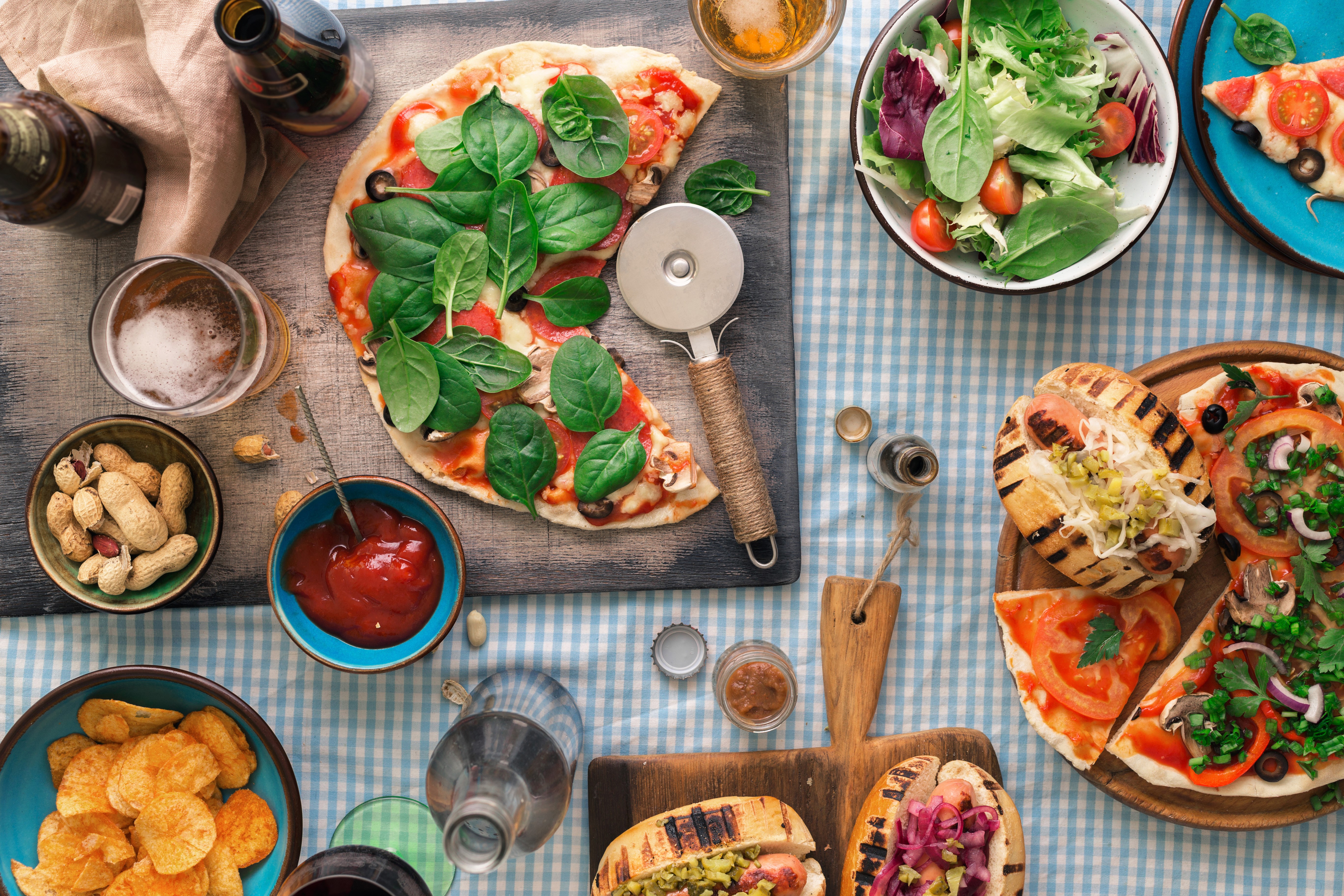 Pizza, Hot Dogs, Salad, Nuts, and Chips Picnic HD Wallpaper