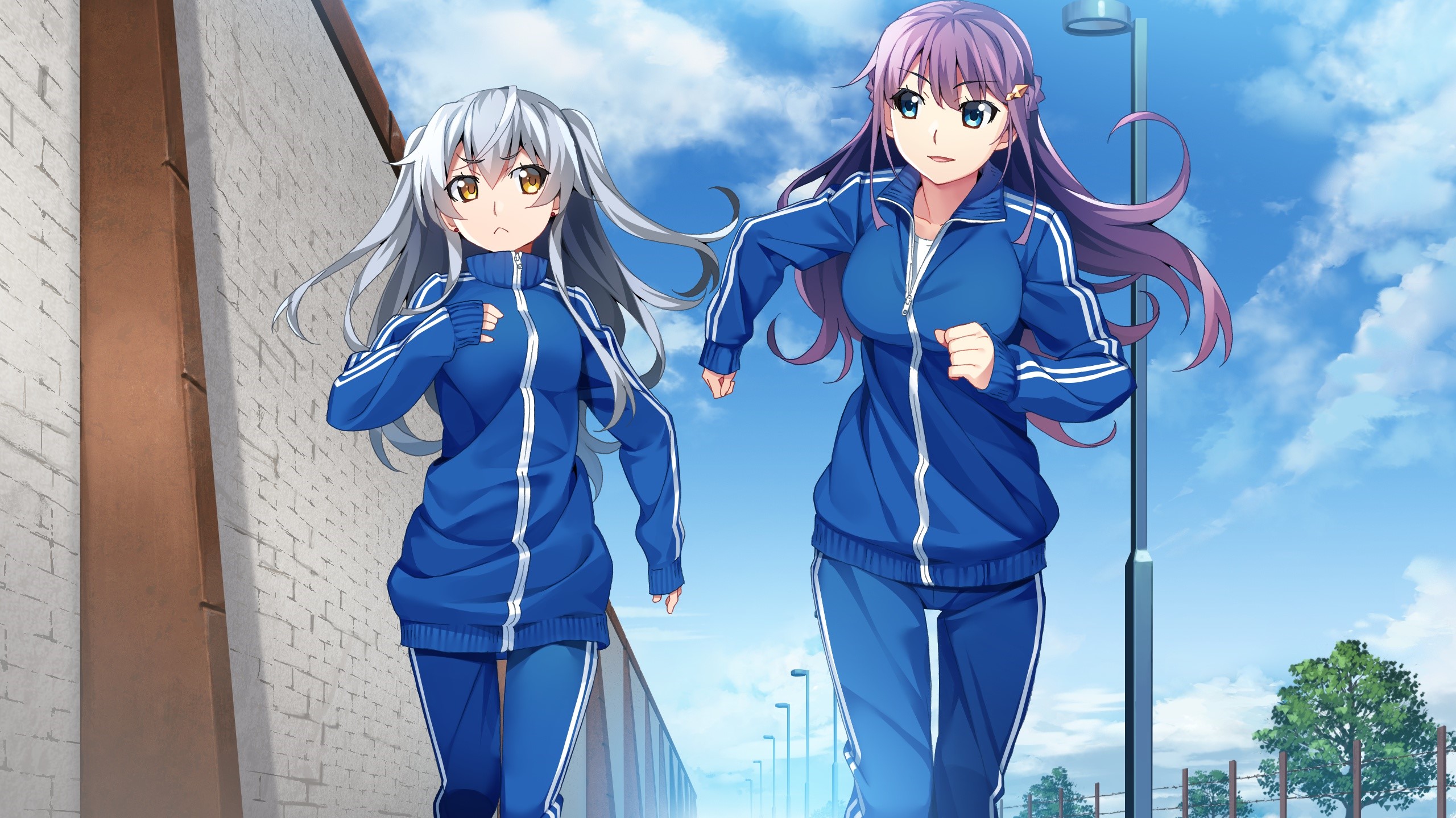 Two girls running in tracksuits from Grisaia: Phantom Trigger HD Wallpaper