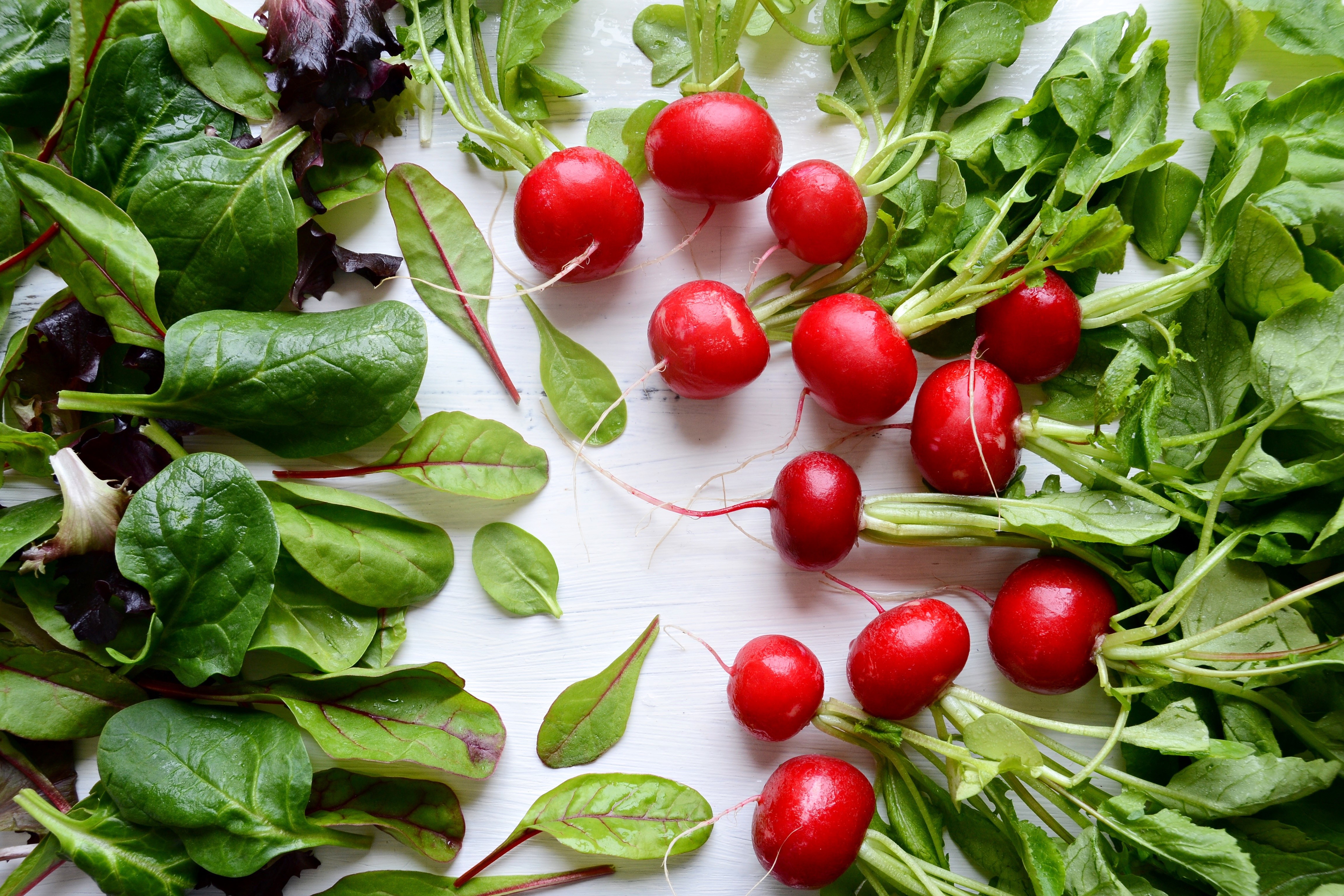 Radishes and Salad Greens on White Surface HD Wallpaper
