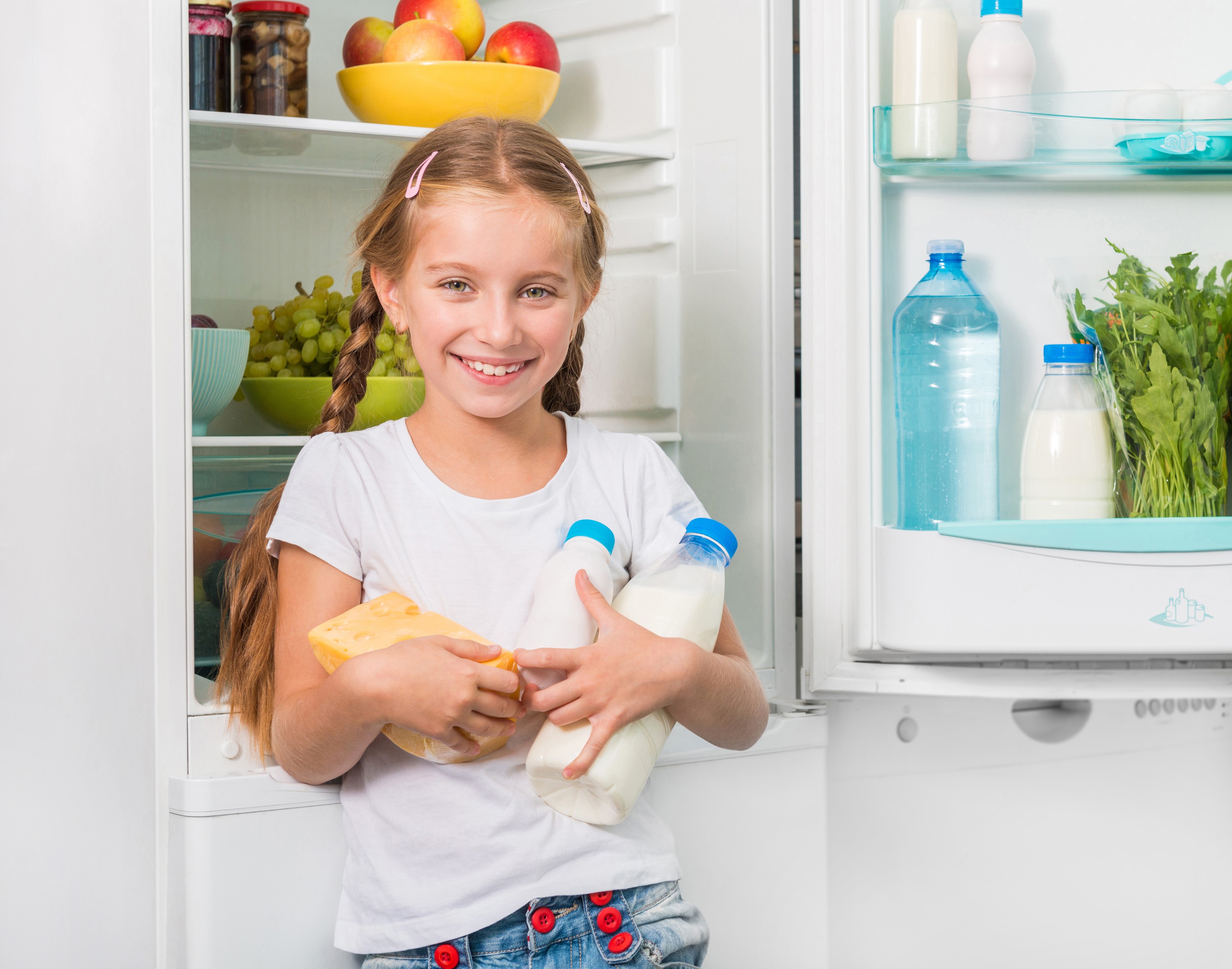 Girl holding milk and cheese in front of refrigerator HD Wallpaper