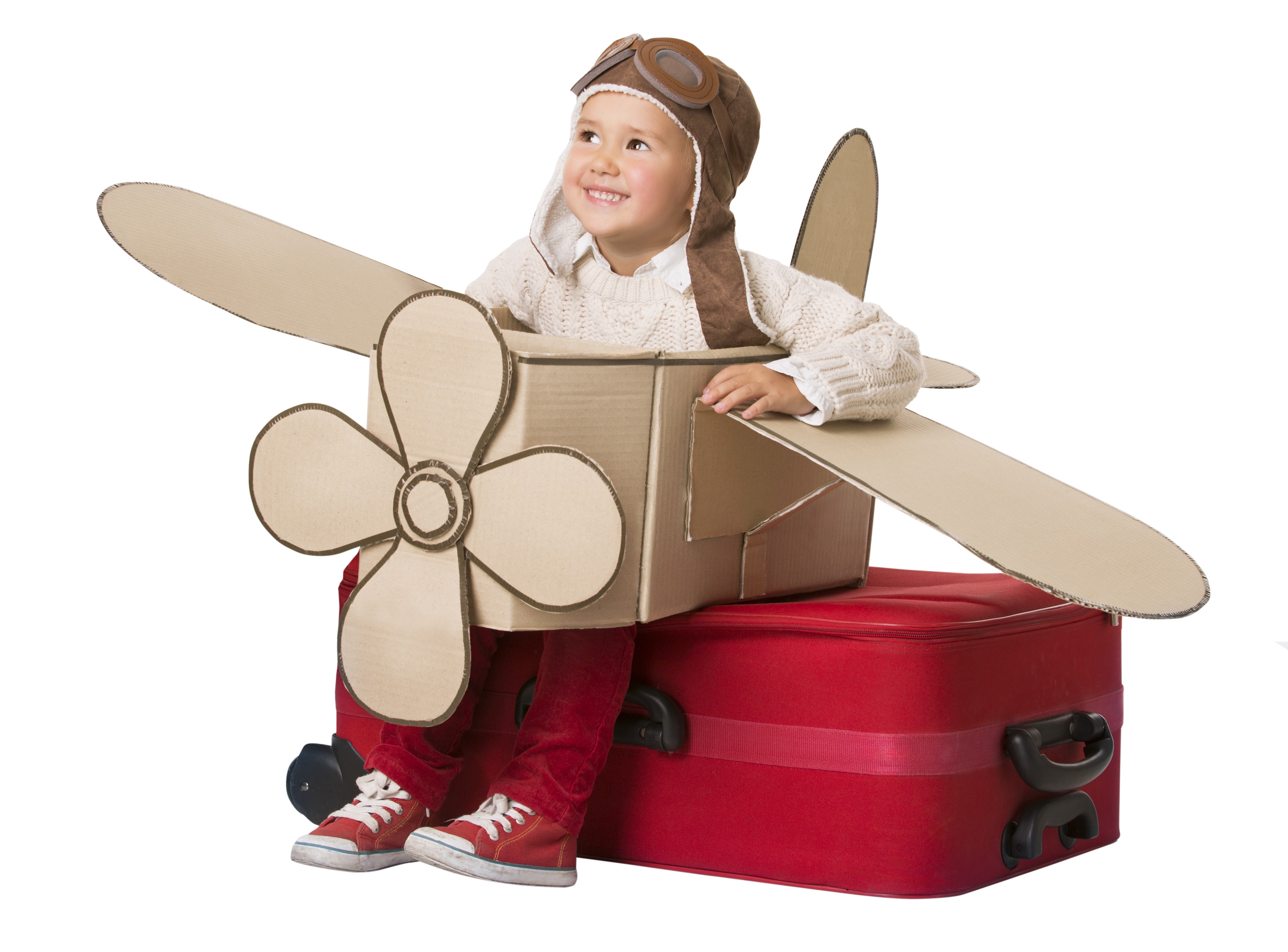 Boy in Cardboard Airplane Costume on Suitcase HD Wallpaper