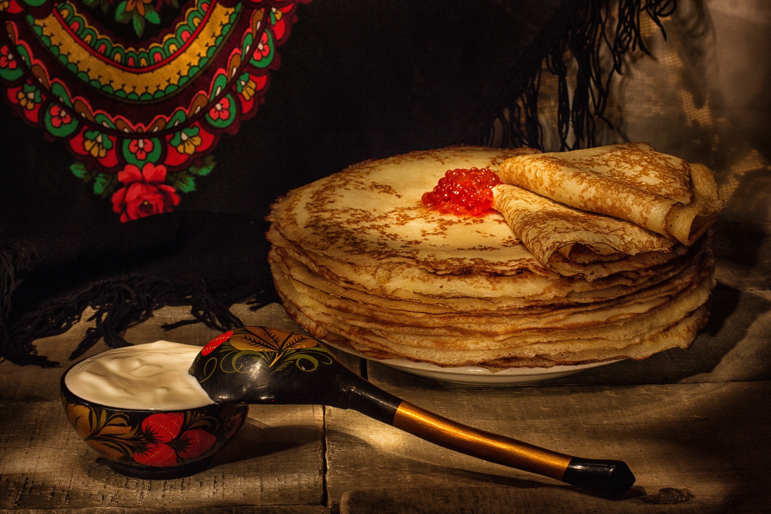Pancakes with caviar and sour cream HD Wallpaper