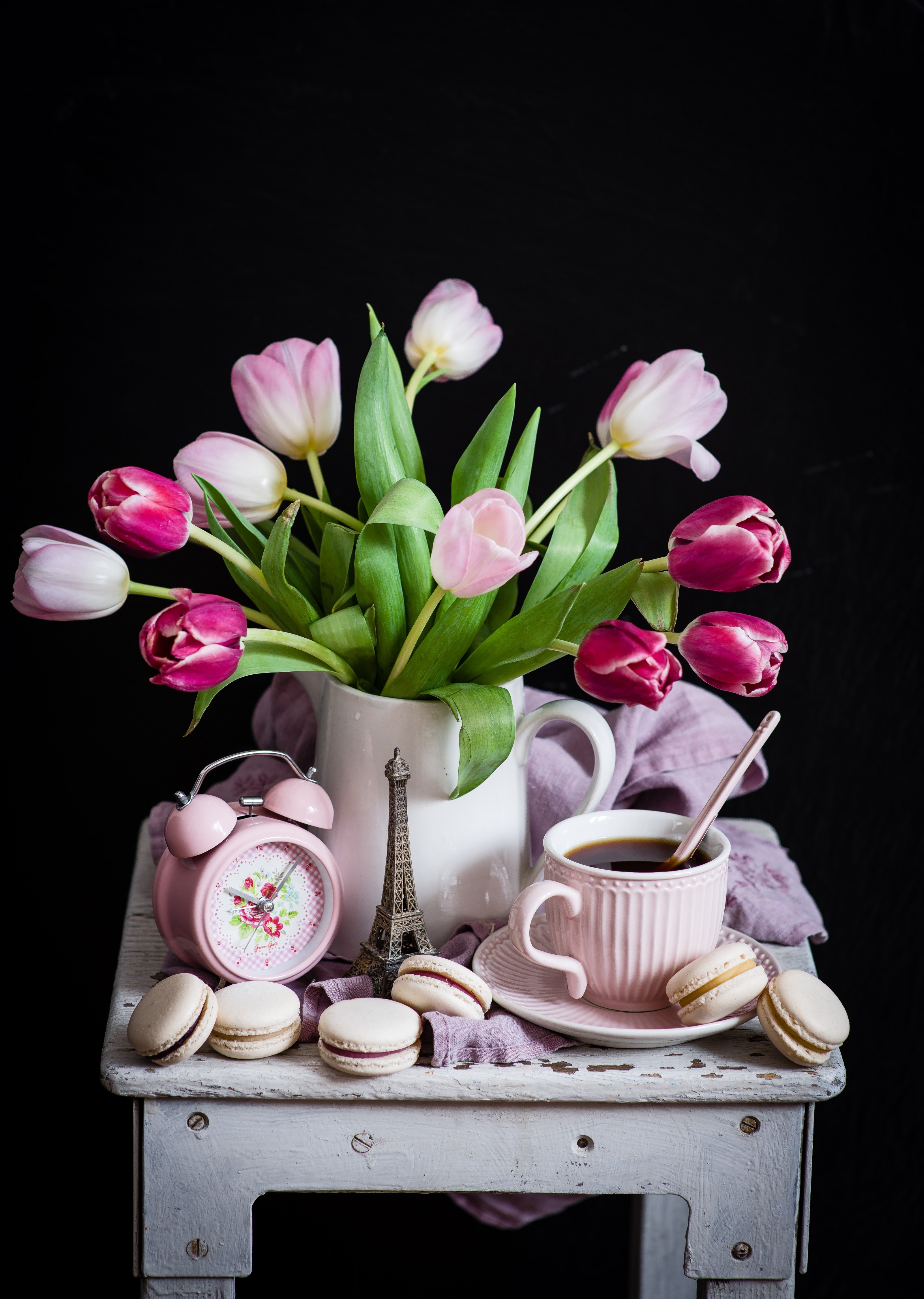 Still life with tulips, coffee, macarons, and Eiffel Tower replica HD Phone Wallpaper