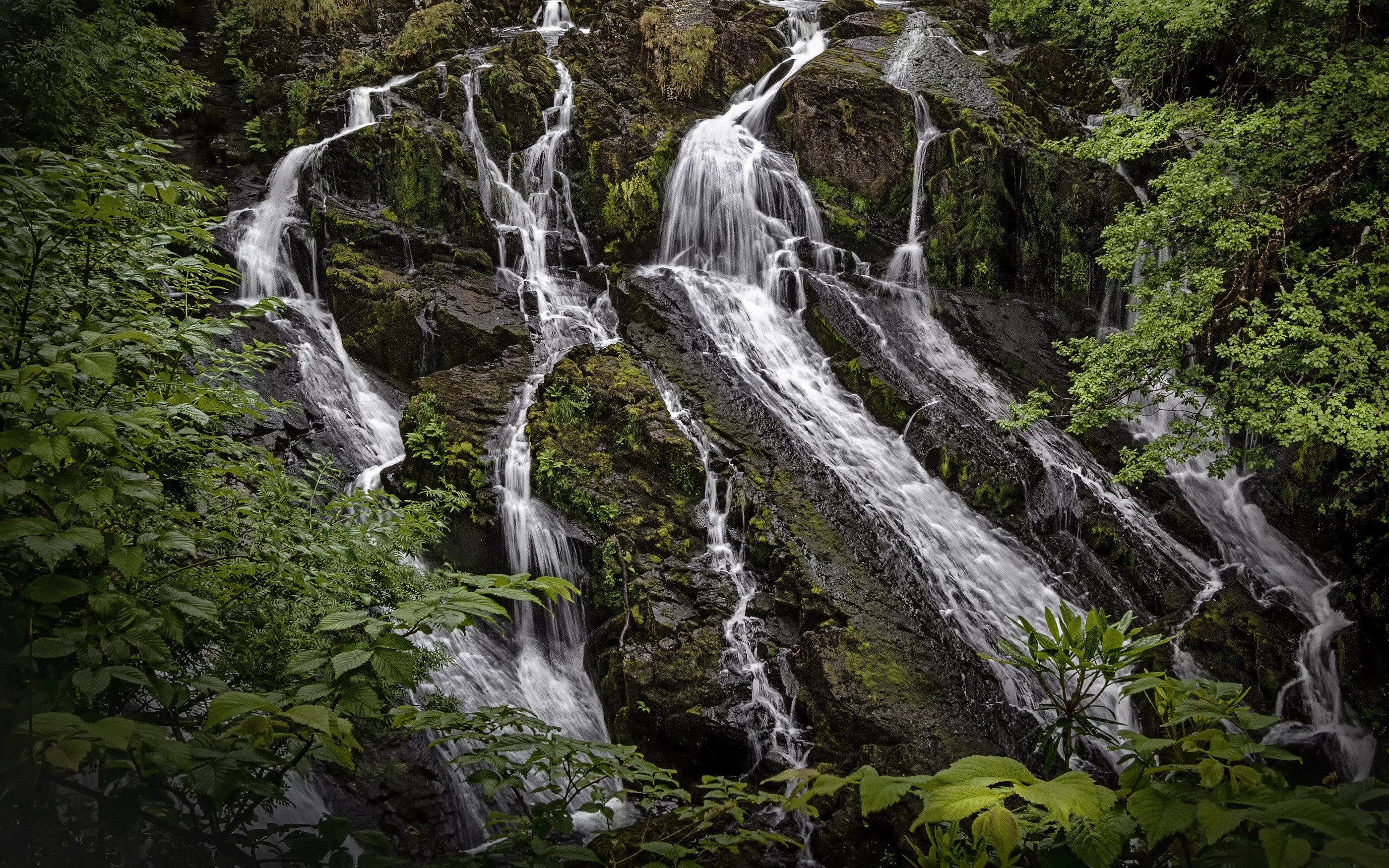 Waterfall cascading over mossy rocks in Snowdonia National Park HD Wallpaper