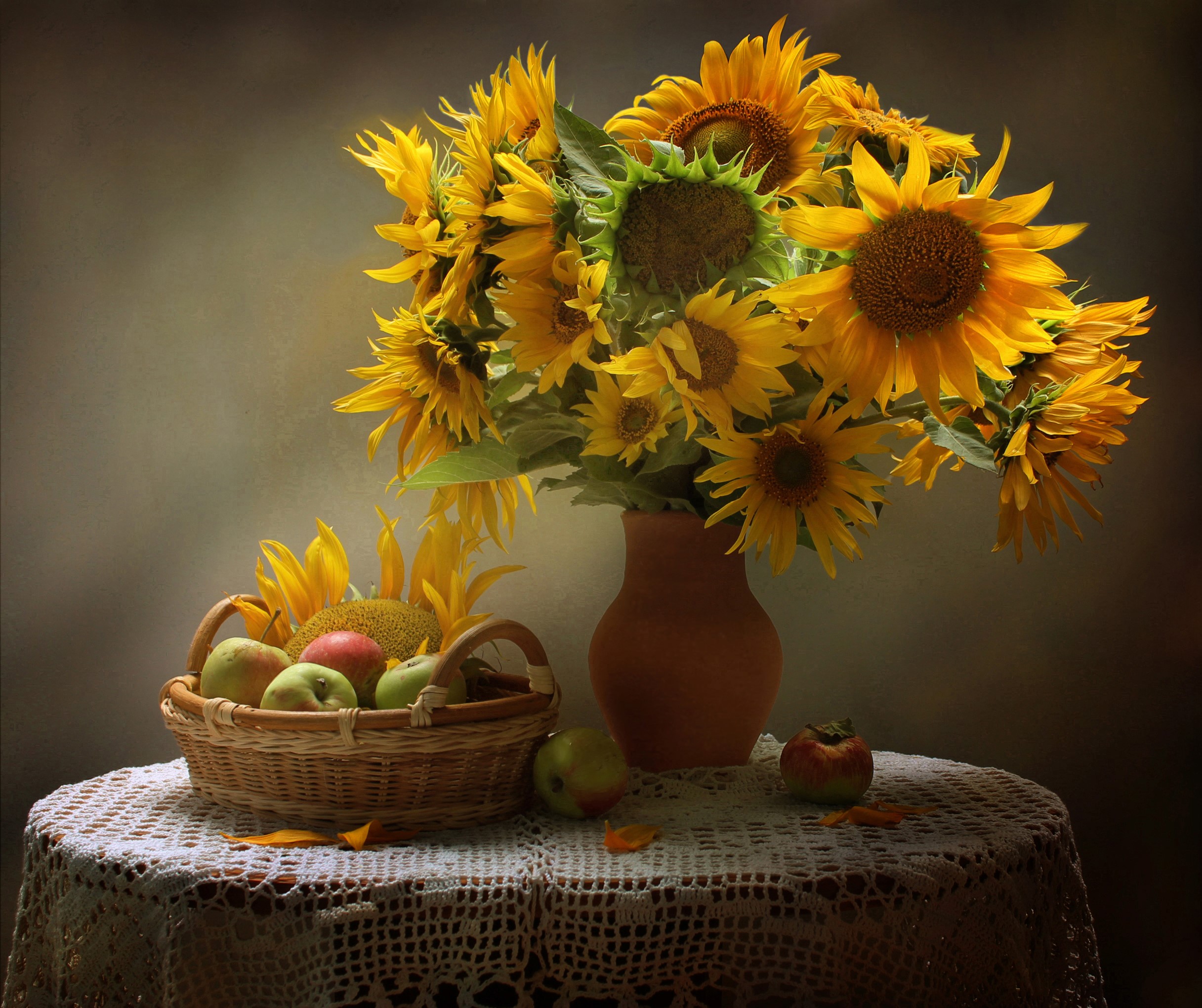 Still-life of sunflowers and apples in a basket HD Wallpaper