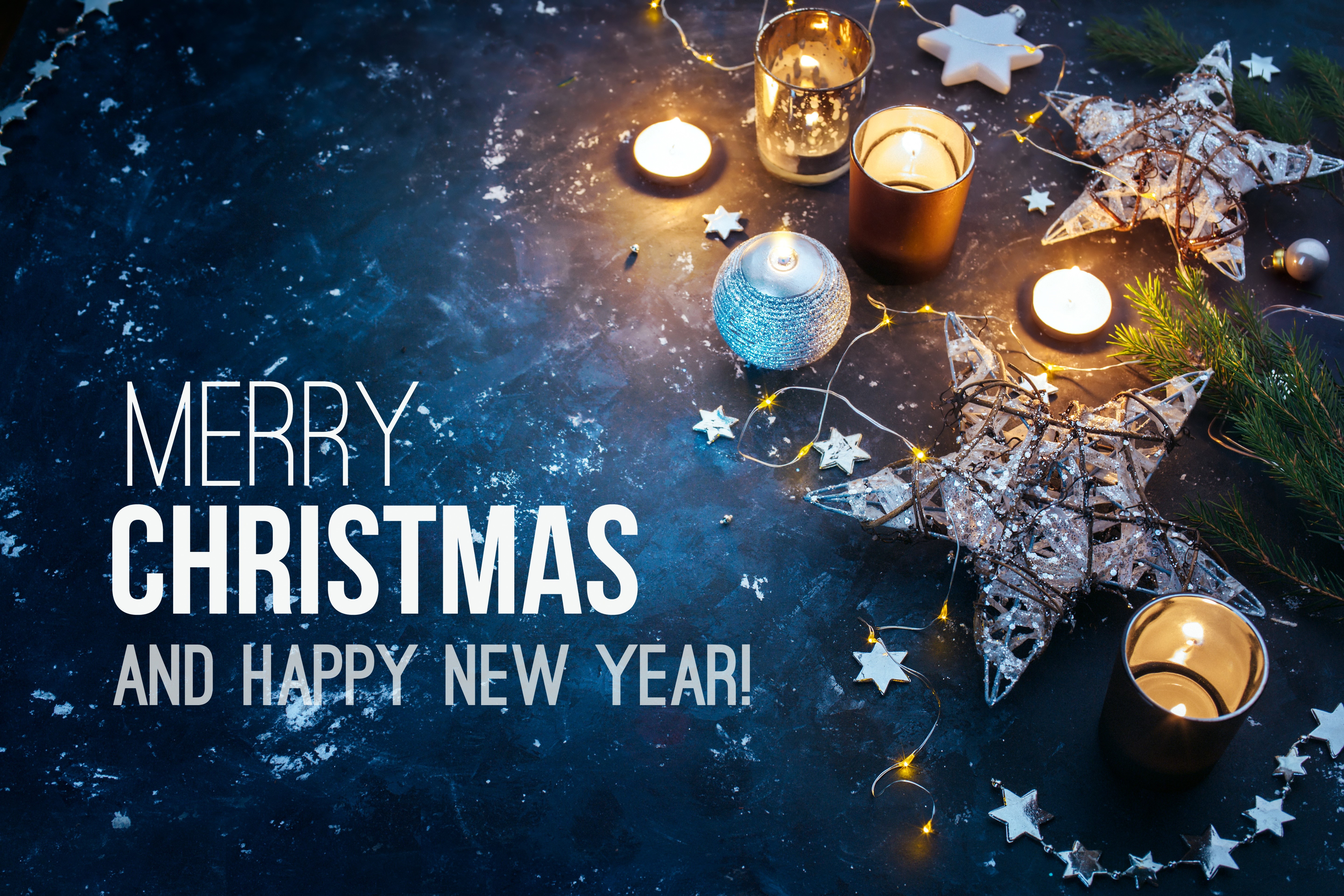 Merry Christmas and Happy New Year text with decorations HD Wallpaper