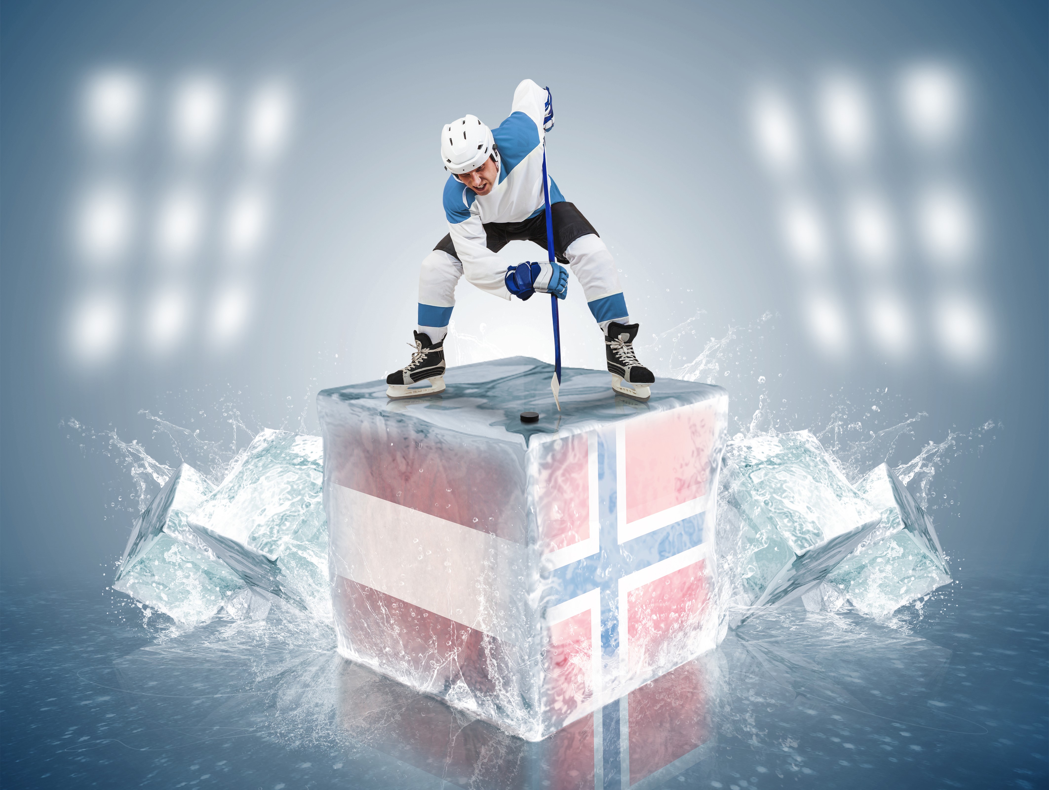 Hockey player on ice blocks with flags HD Wallpaper