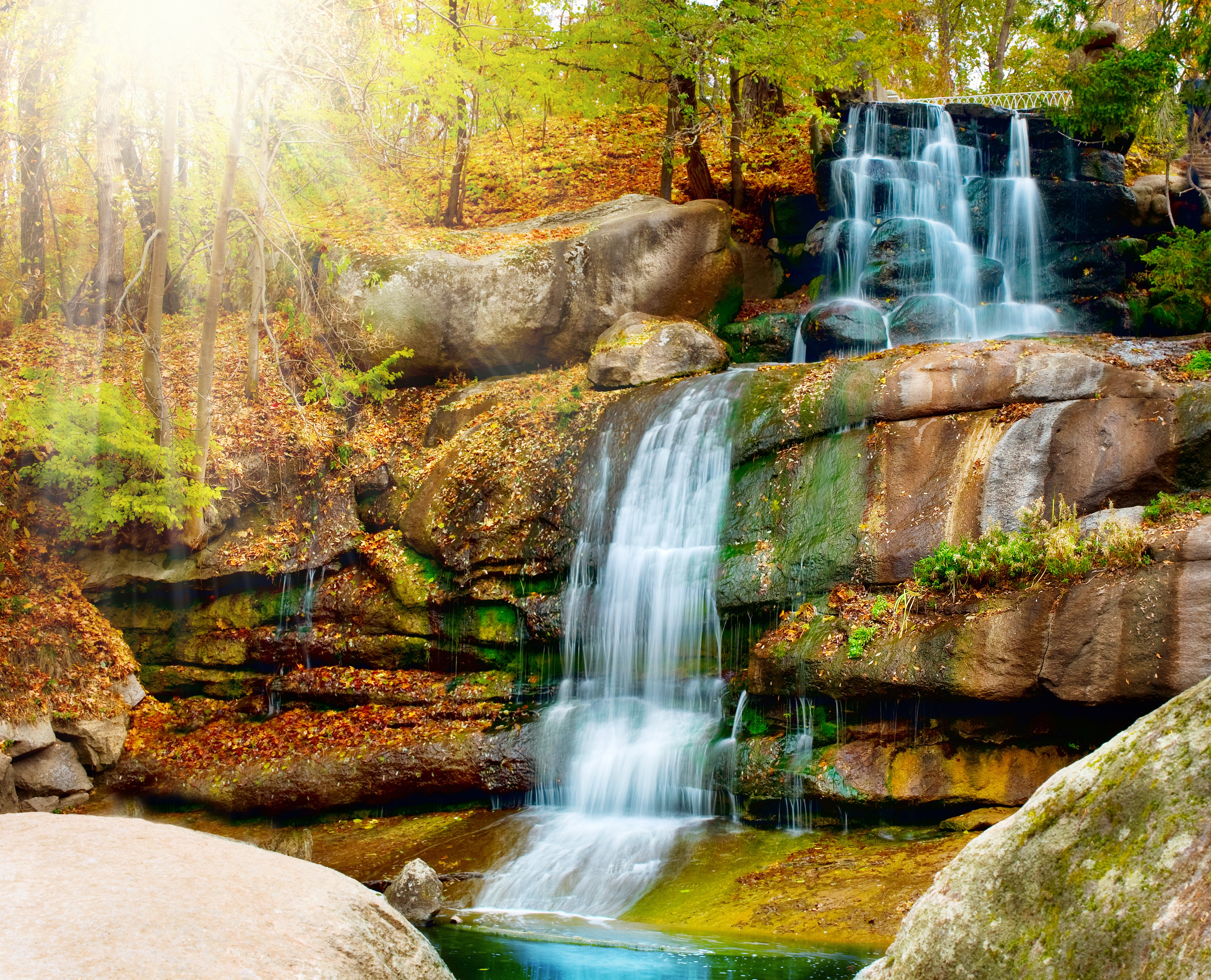 Waterfall in Autumn Forest HD Wallpaper