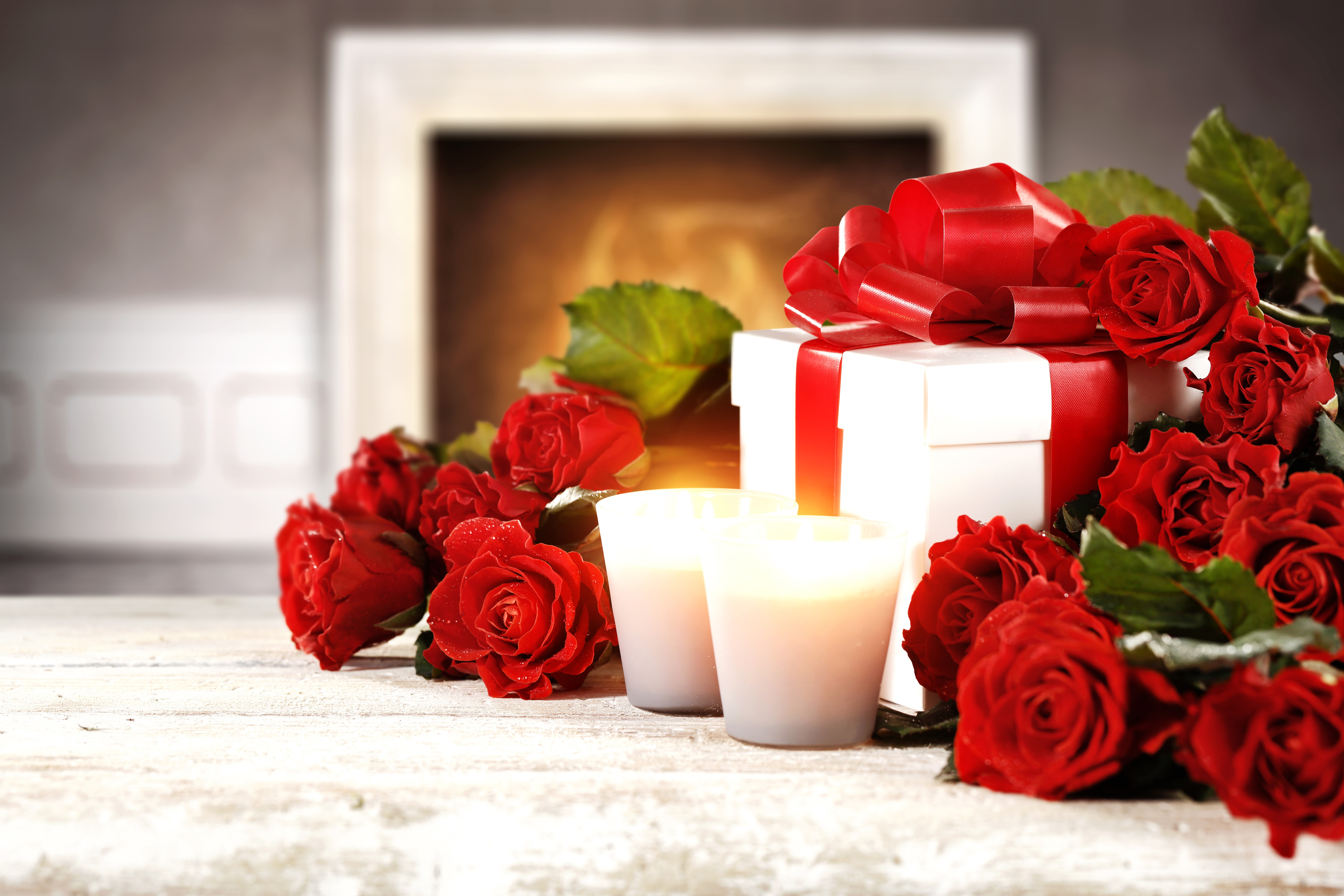 Red Roses, Gift, and Candles by Fireplace HD Wallpaper