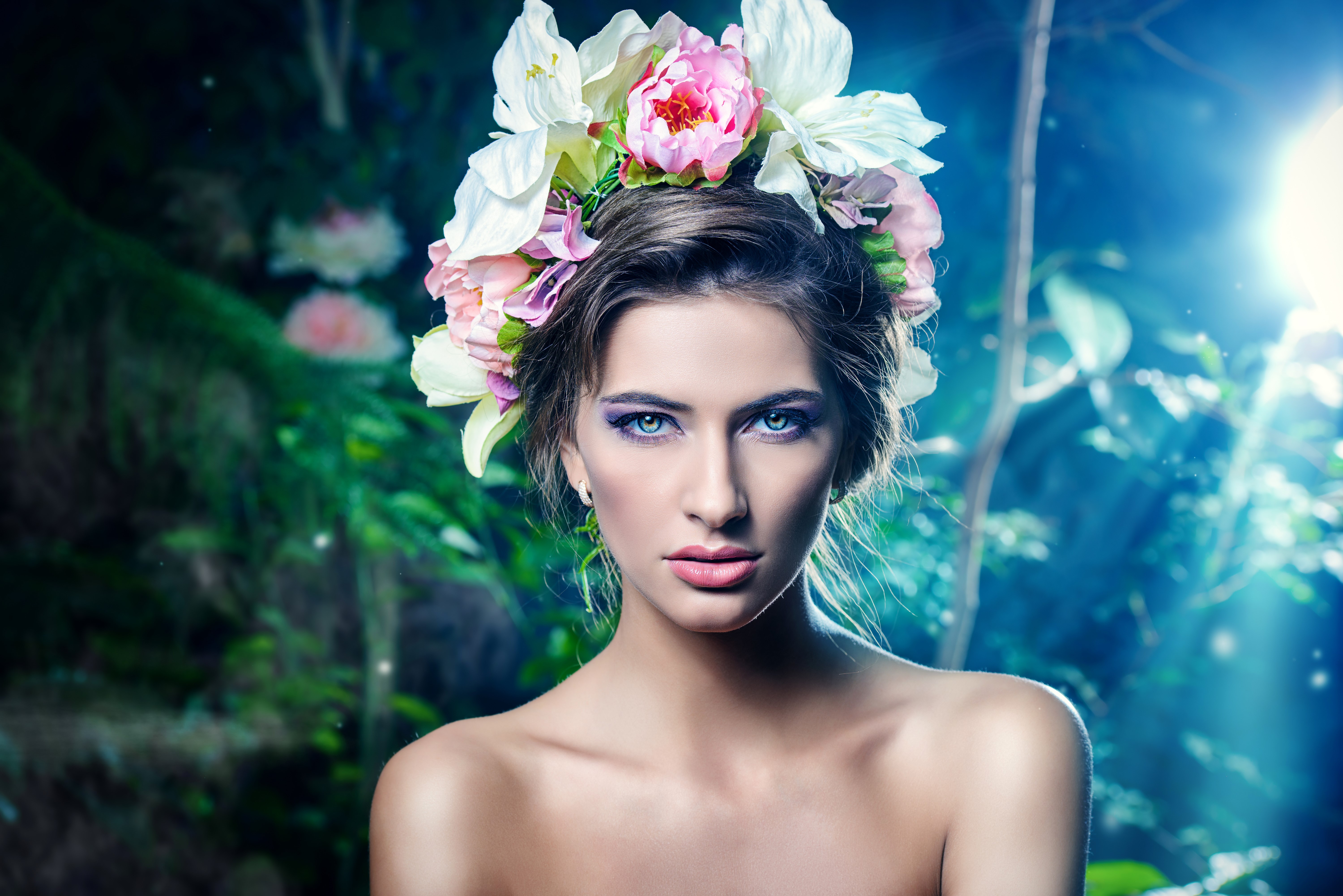 Brunette girl with flower crown in forest HD Wallpaper