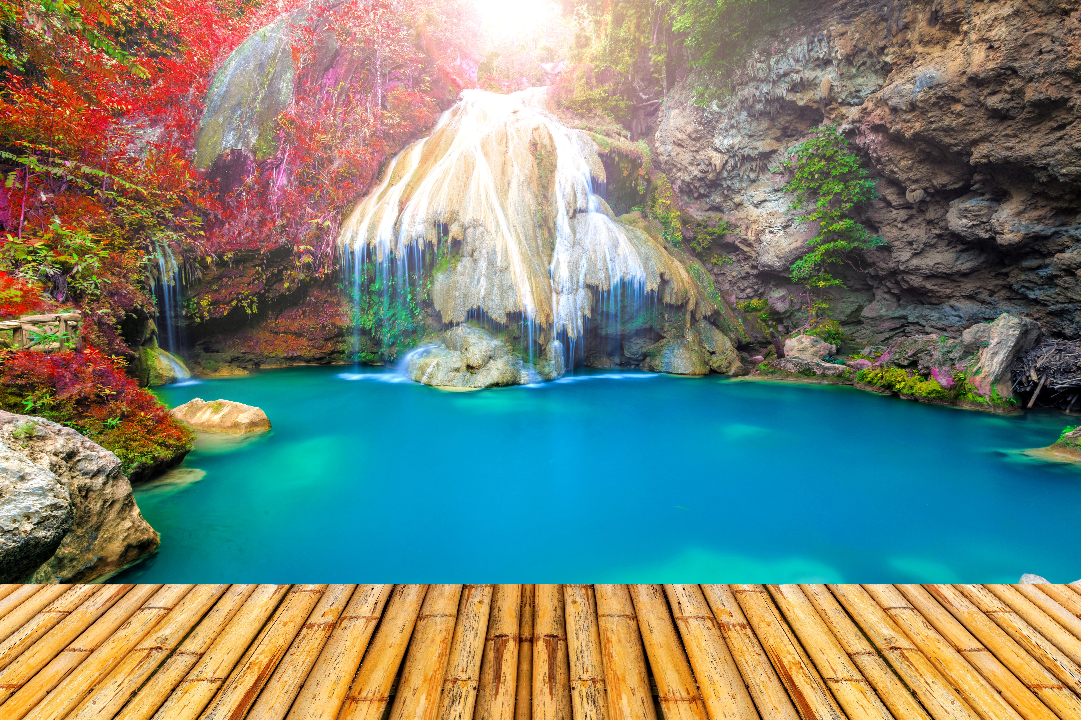 4K Thailand Tropics Waterfalls and Bamboo Deck HD Wallpaper