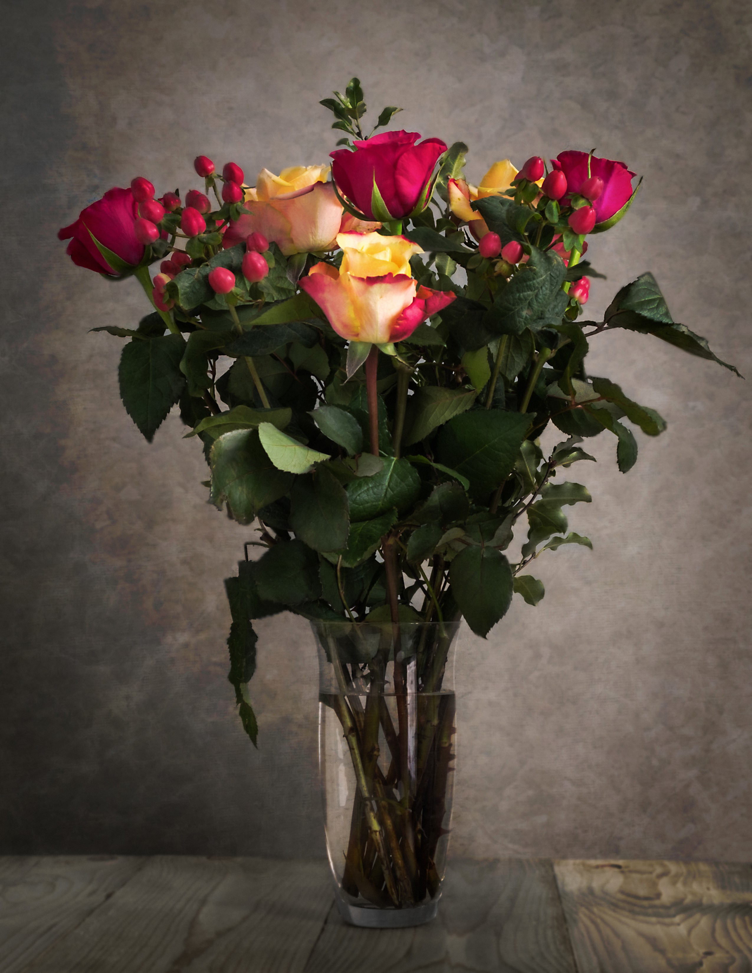 Bouquet of Roses and Berries in a Vase HD Phone Wallpaper