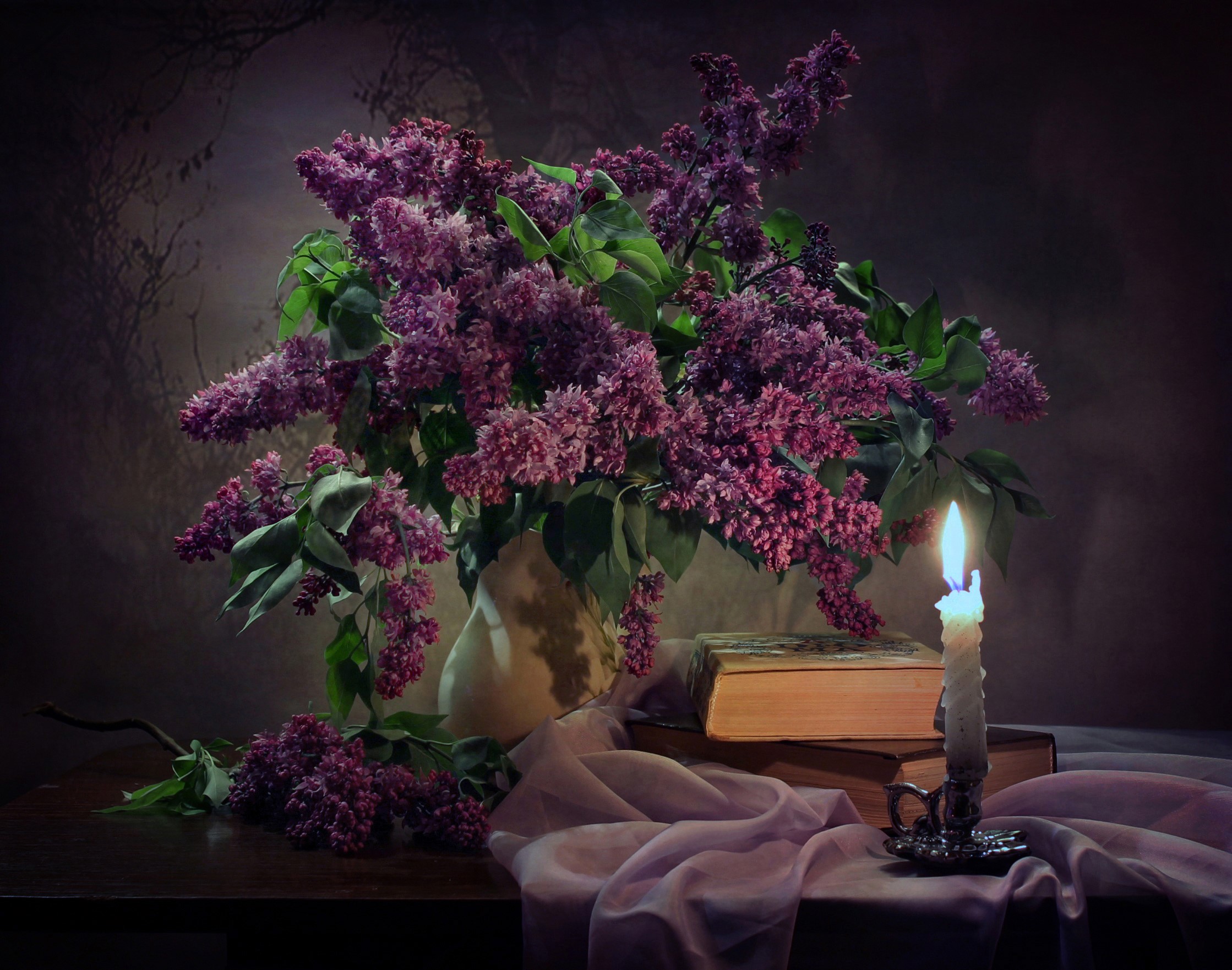 Still-life with Lilac, Candles, and Books HD Wallpaper
