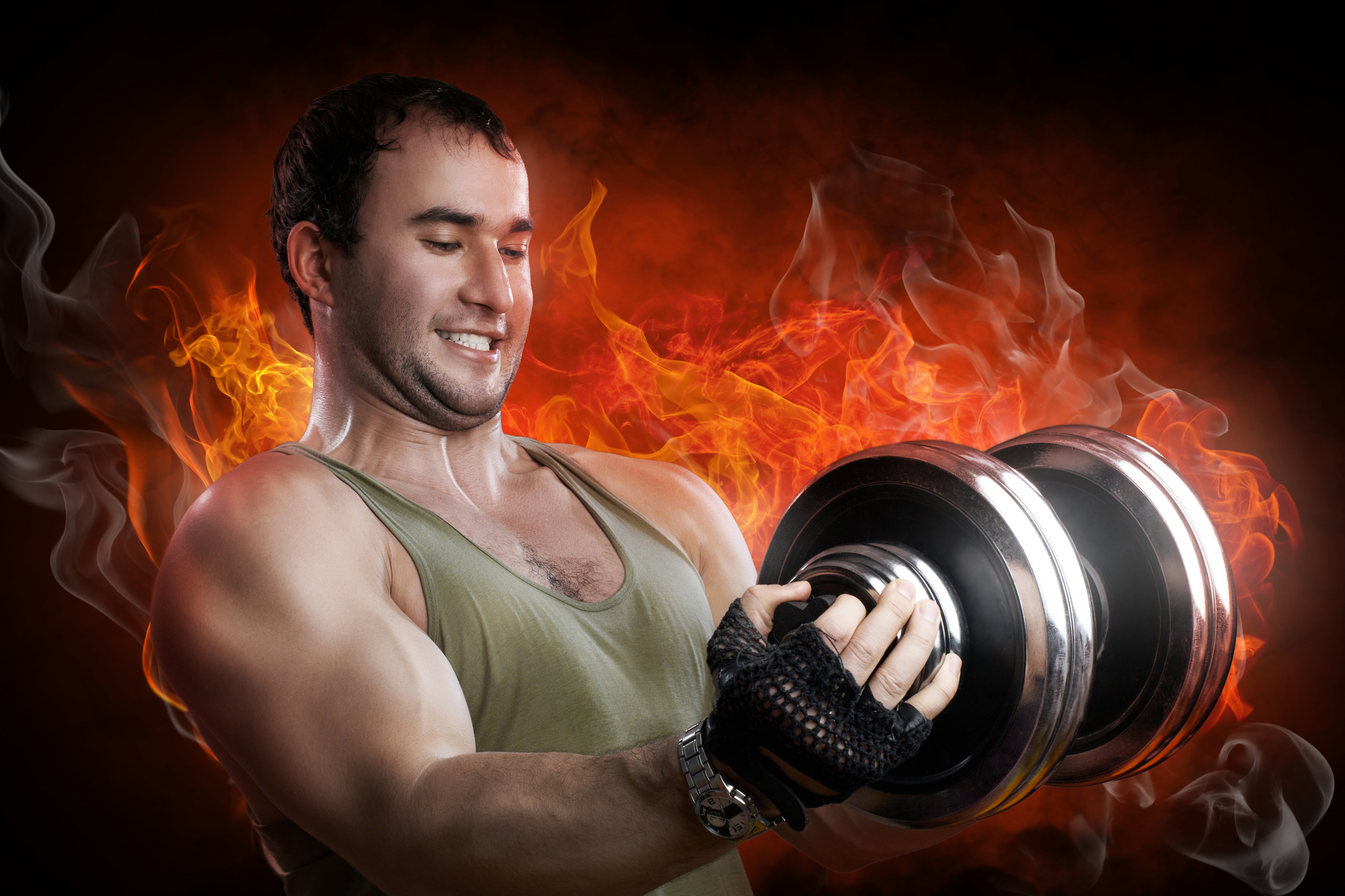 Man lifting dumbbells with fire background HD Wallpaper